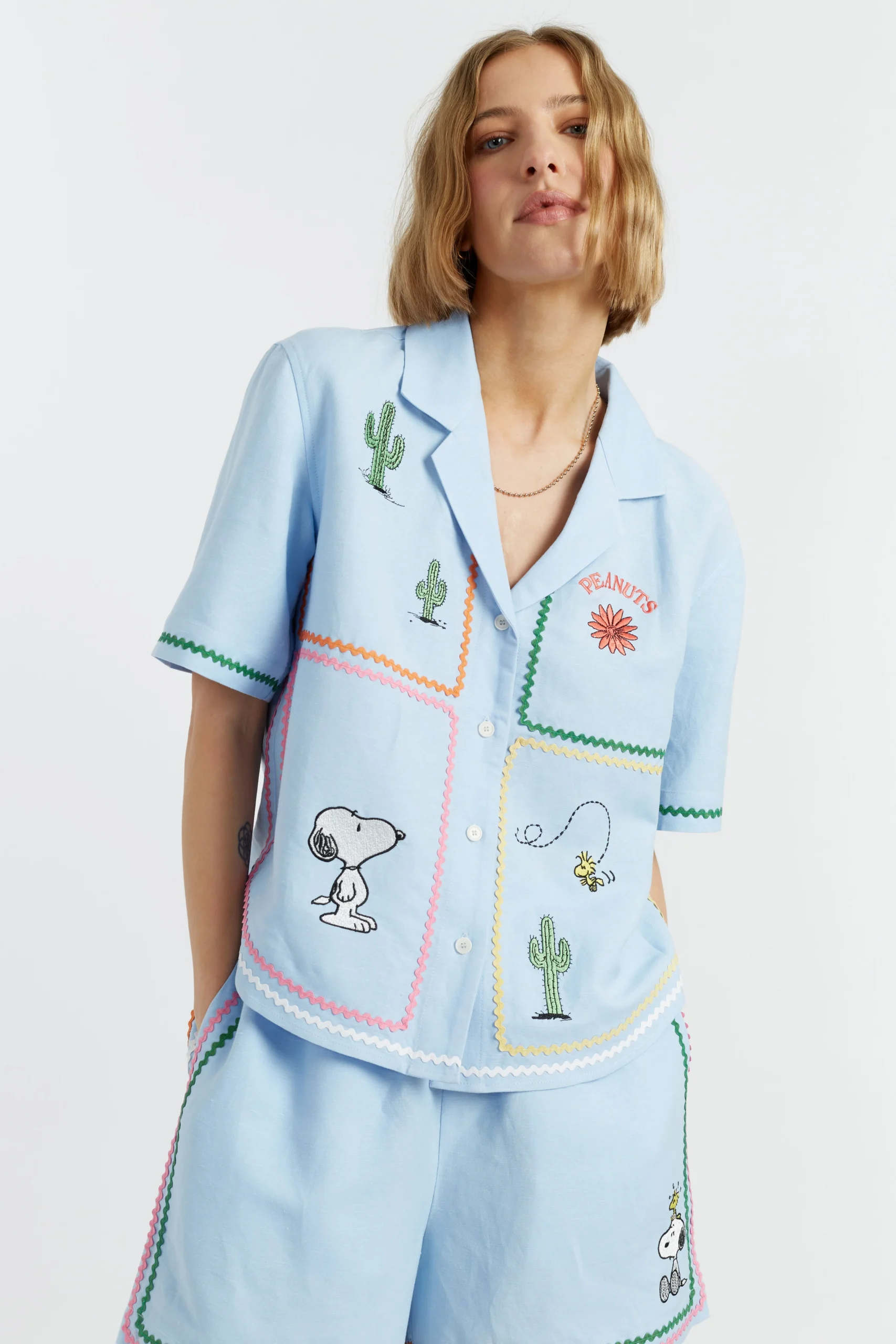 Blue Linen-Cotton Peanuts Vacation Shirt