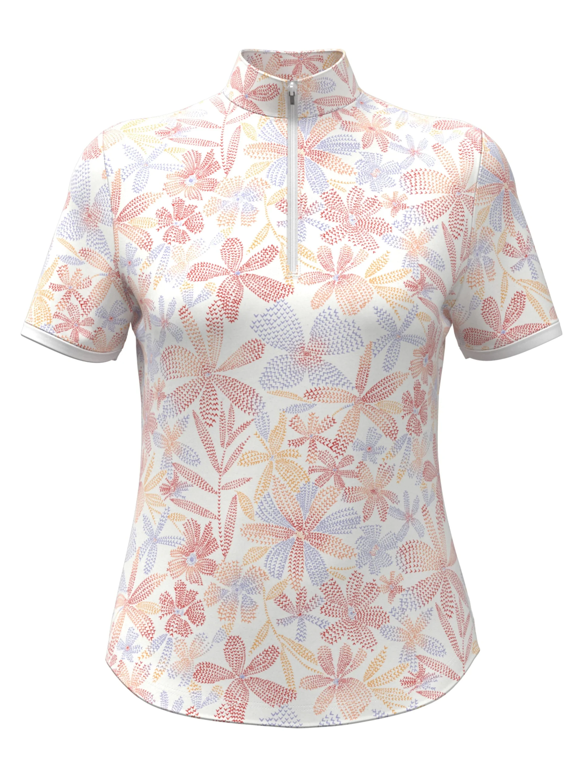 Womens Abstract Floral Print Zip Golf Polo
