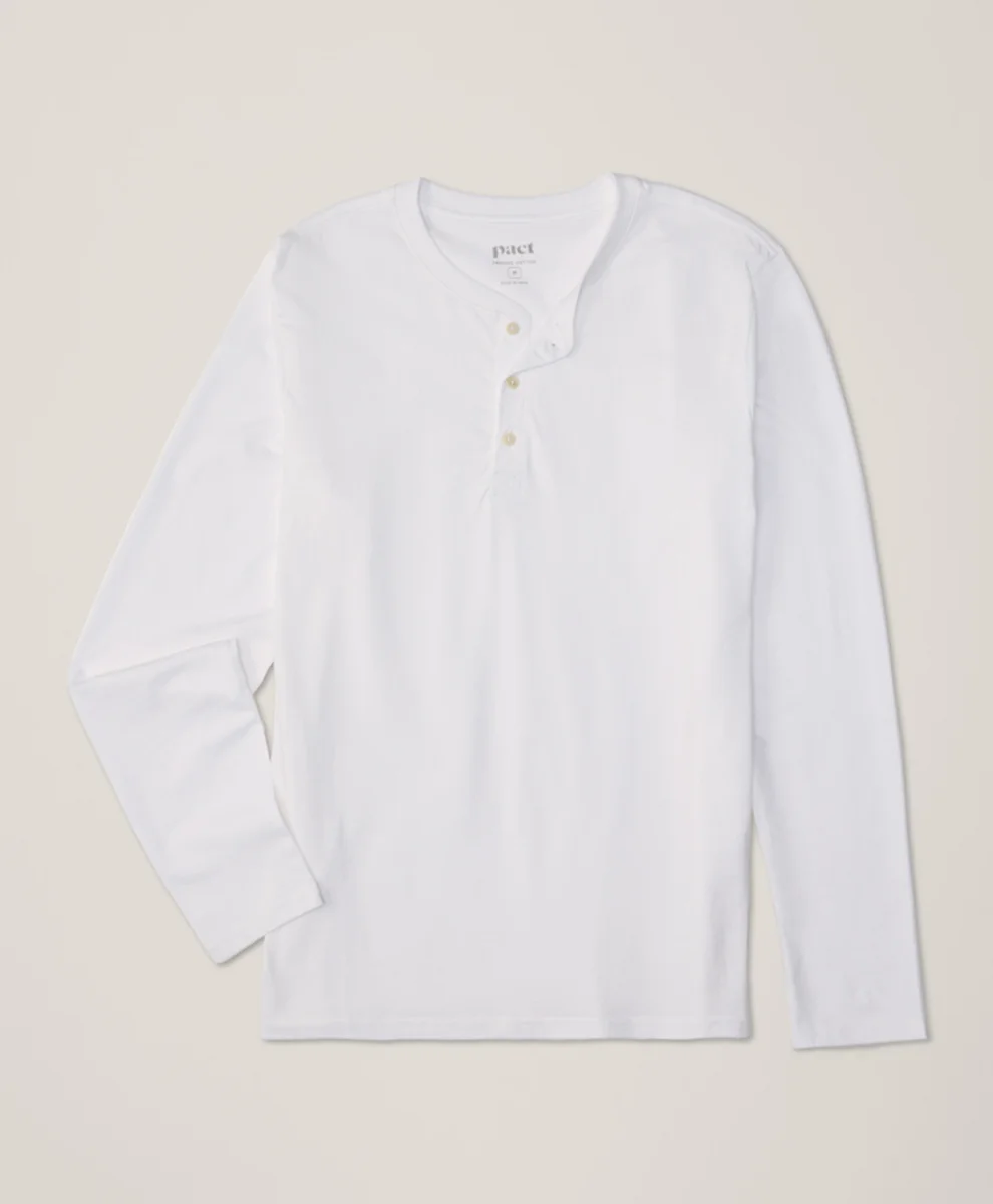 Organic Softspun Long Sleeve Henley by pact in White Fair Trade, Mens Size Medium