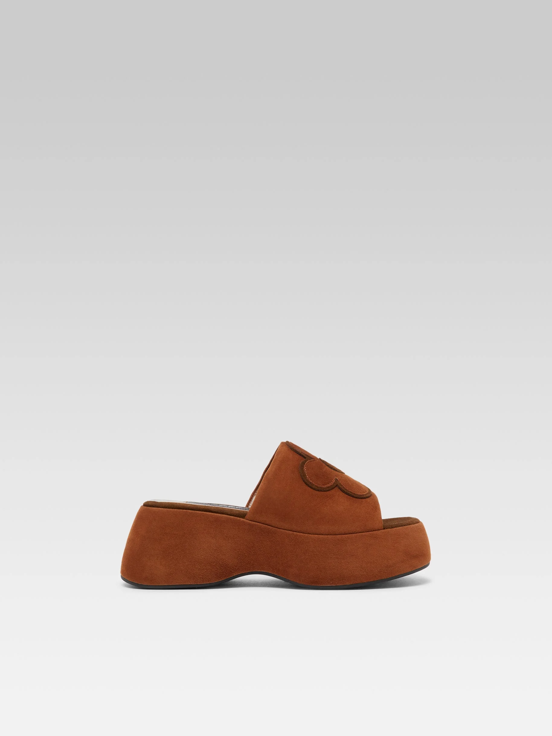 Flower - Mules à plateforme bicolores cuir velours upcyclé cognac