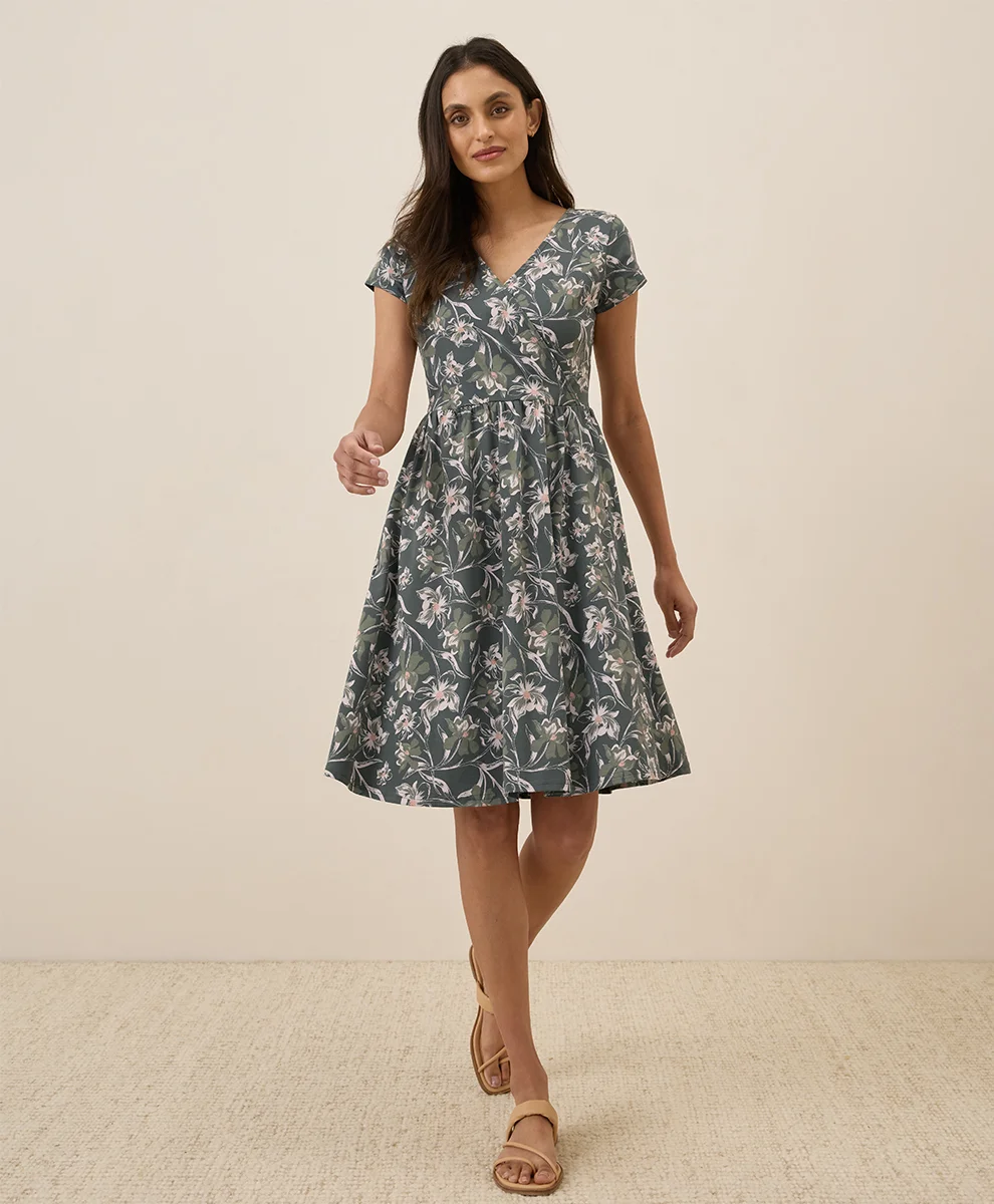 Organic Fit & Flare Crossover Dress by pact in Vineyard Floral Castor Grey Fair Trade, Womens Size XX-Small