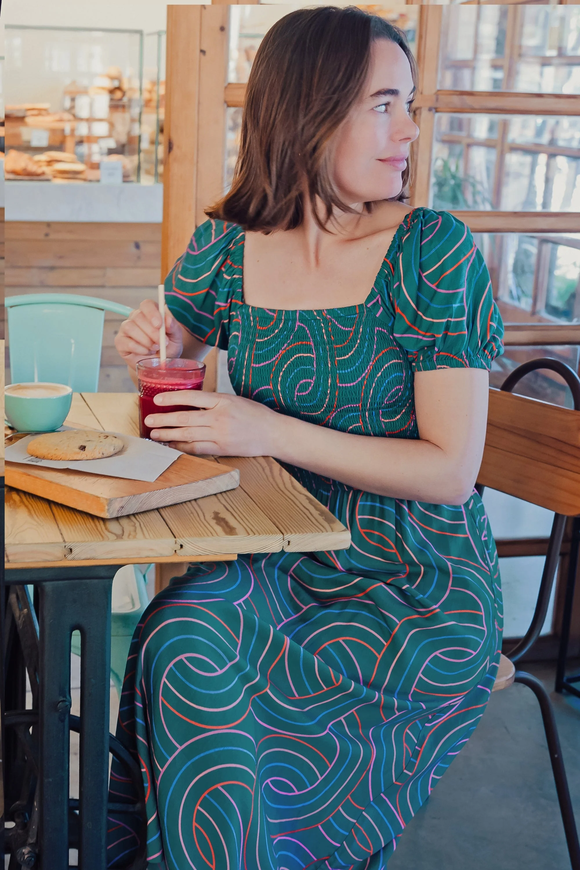Jolene Shirred Midi Dress - Green, Concentric Circles
