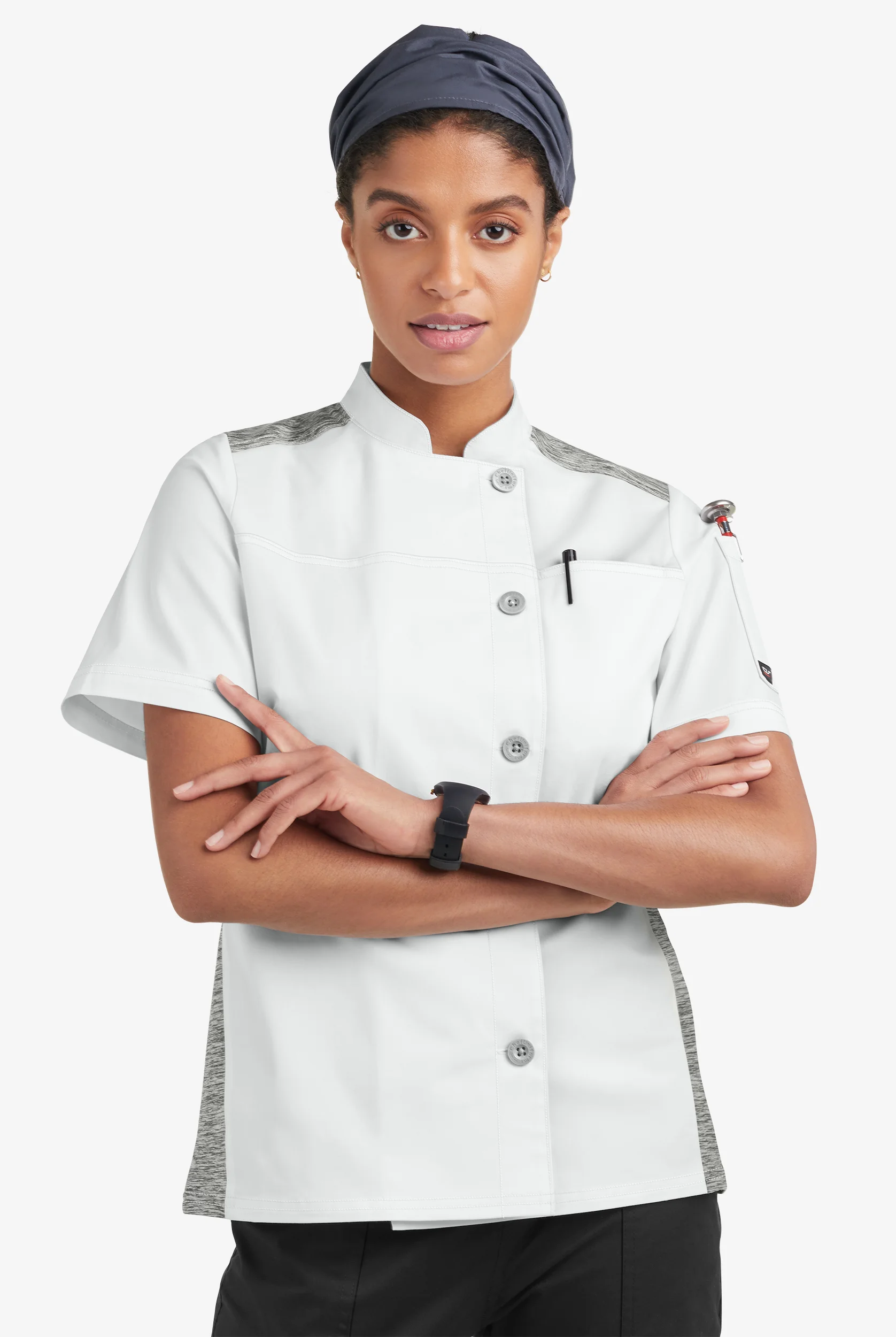 Chef Uniforms CHEF 360 Women's 2-Pocket Short Sleeve w/ Knit Panels Stretch Executive Chef Coat in White/Silver Melange | Size Small |