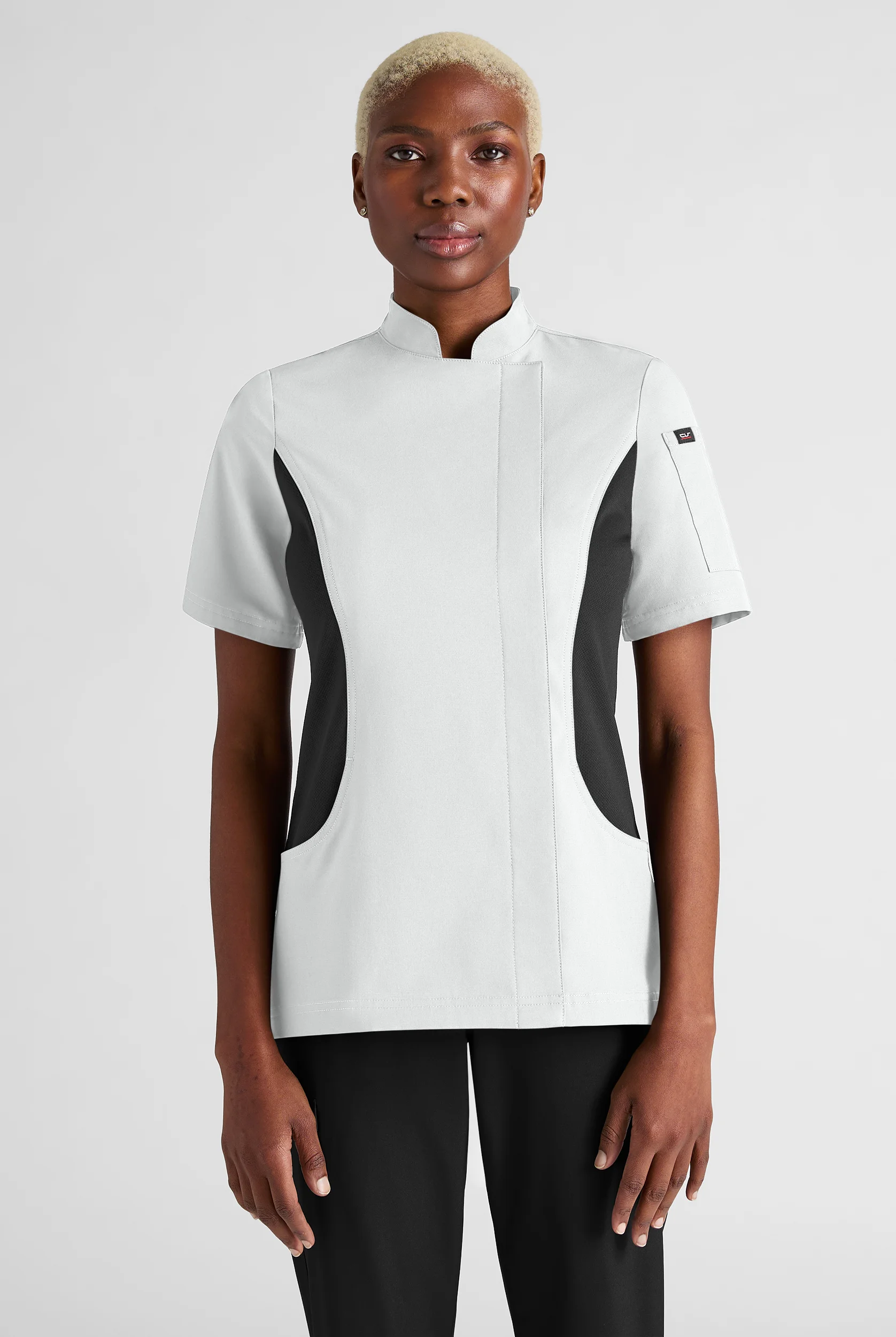 Chef Uniforms Chef Performance- Women's Short Sleeve with Mesh Panels Stretch Chef Coat in White/Black | Size Small | Polyester/Spandex