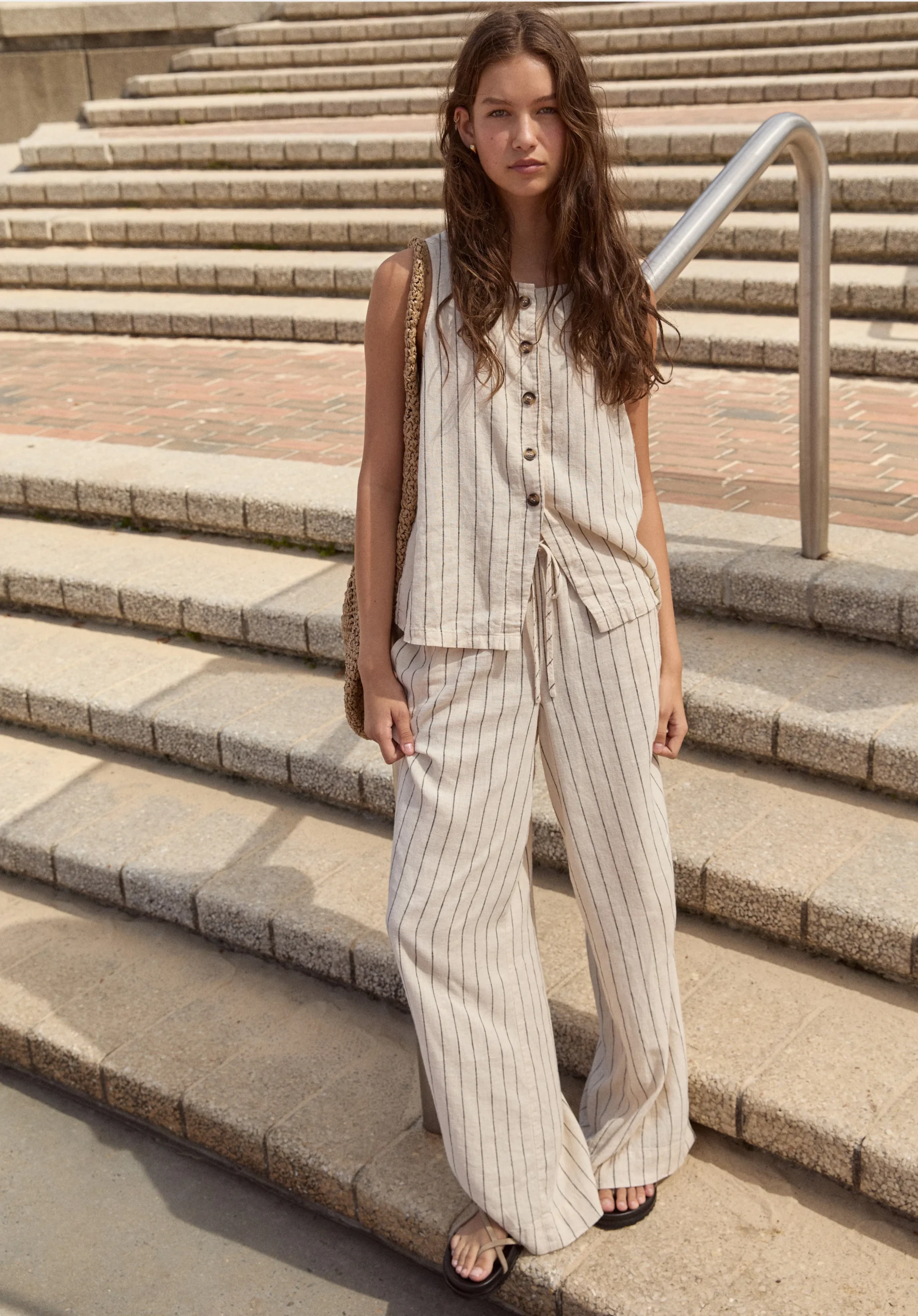 【2plan】Hush long wide half banding slacks Tough Stripe Wide Slacks - 2PLAN | 60% - Asian Fashion