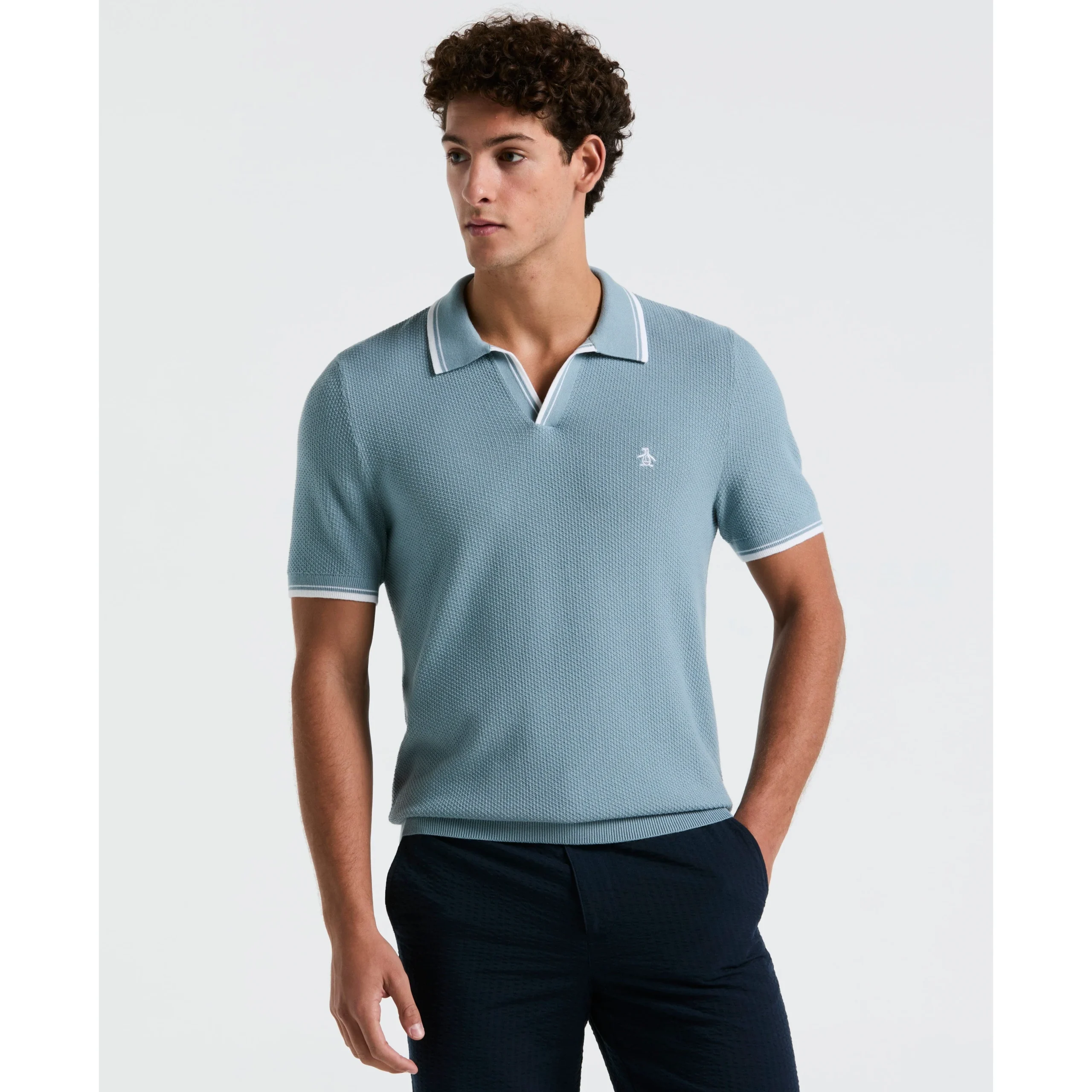 Textured Johnny Collar Sweater Polo