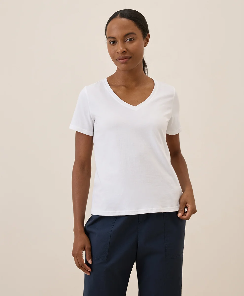 Organic Softspun V-Neck Tee by pact in White Fair Trade, Womens Size X-Small