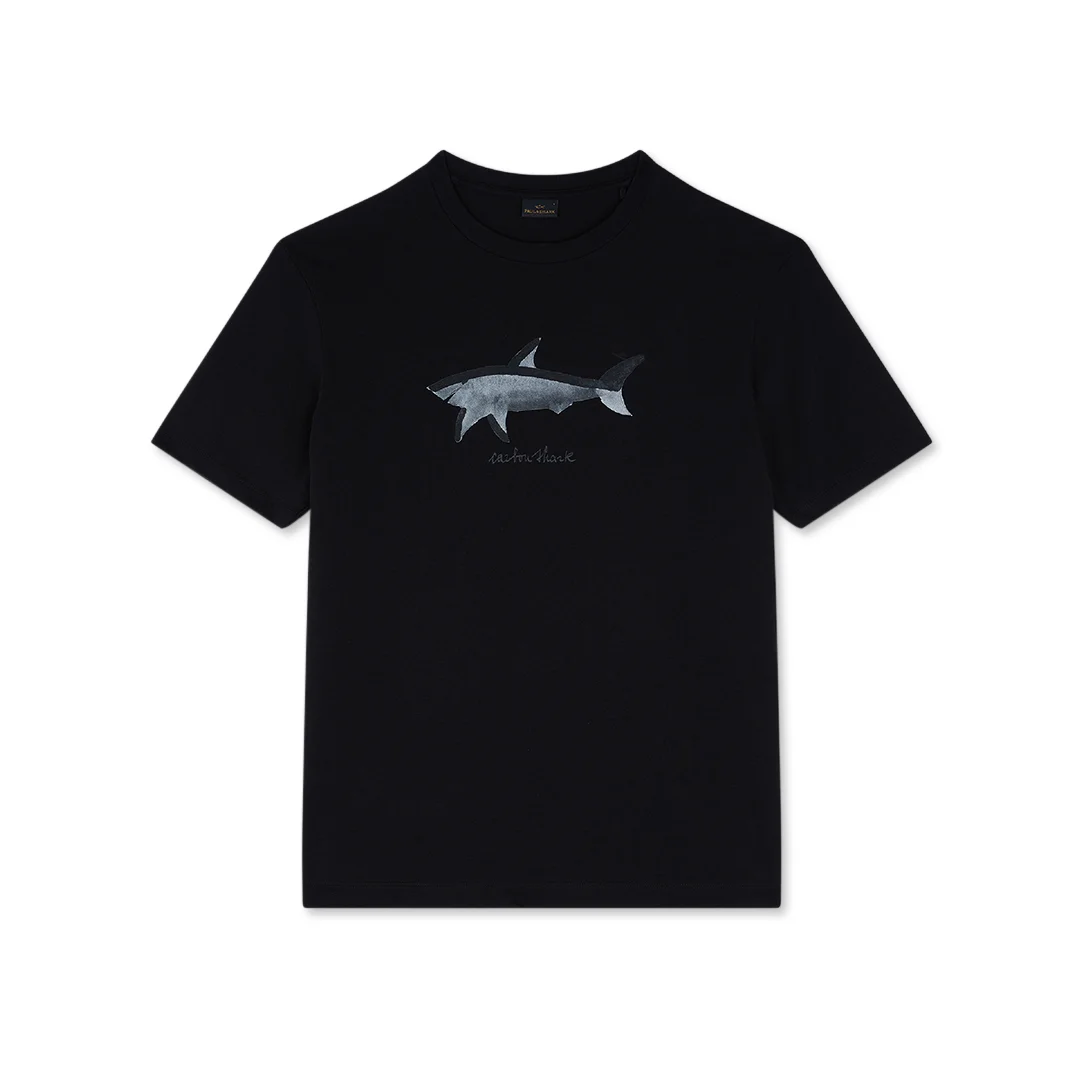 T-shirt in jersey di cotone con stampa Shark, Uomo, NERO, Taglia: XL