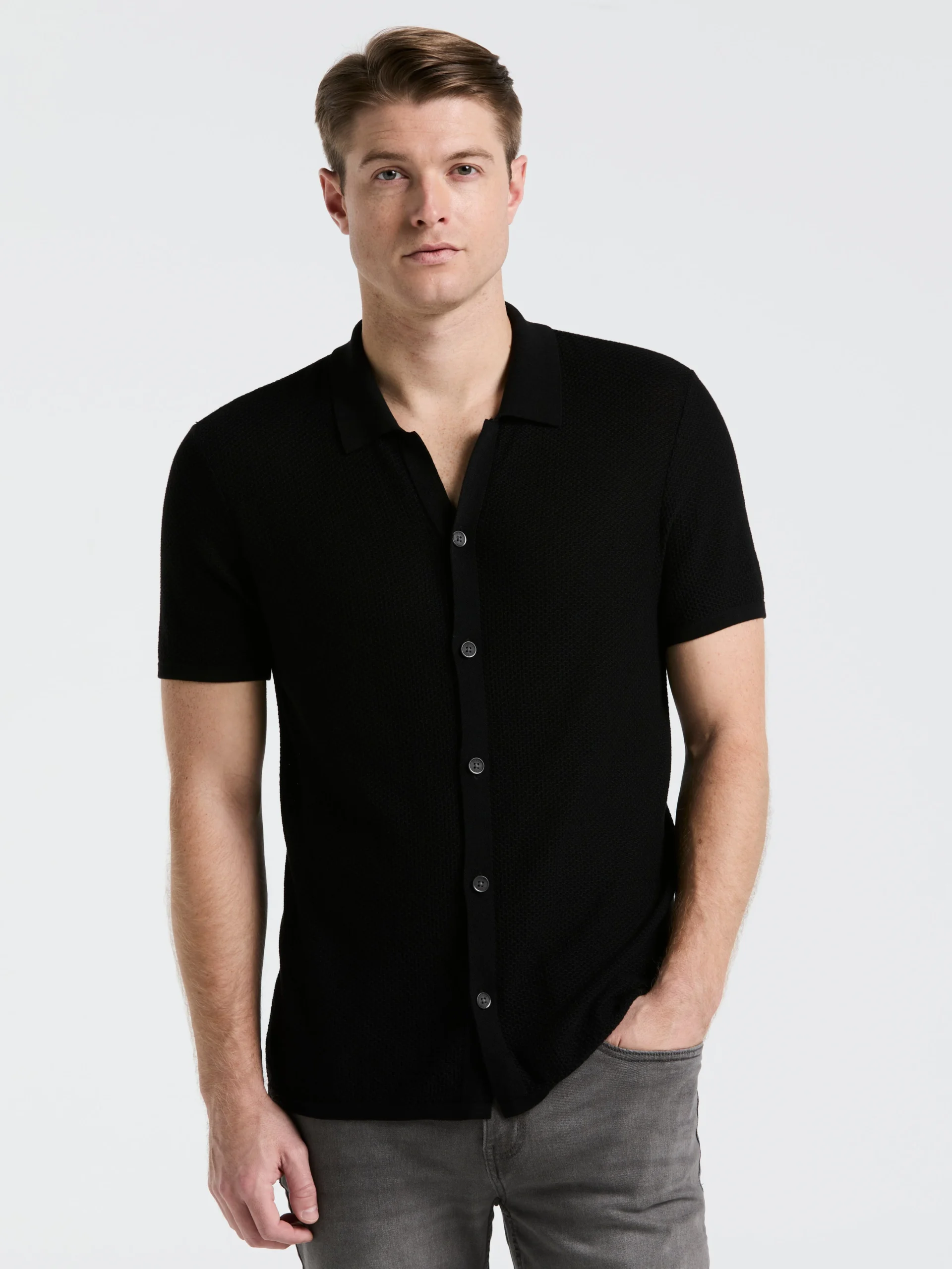 Mesh Button Front Polo Sweater