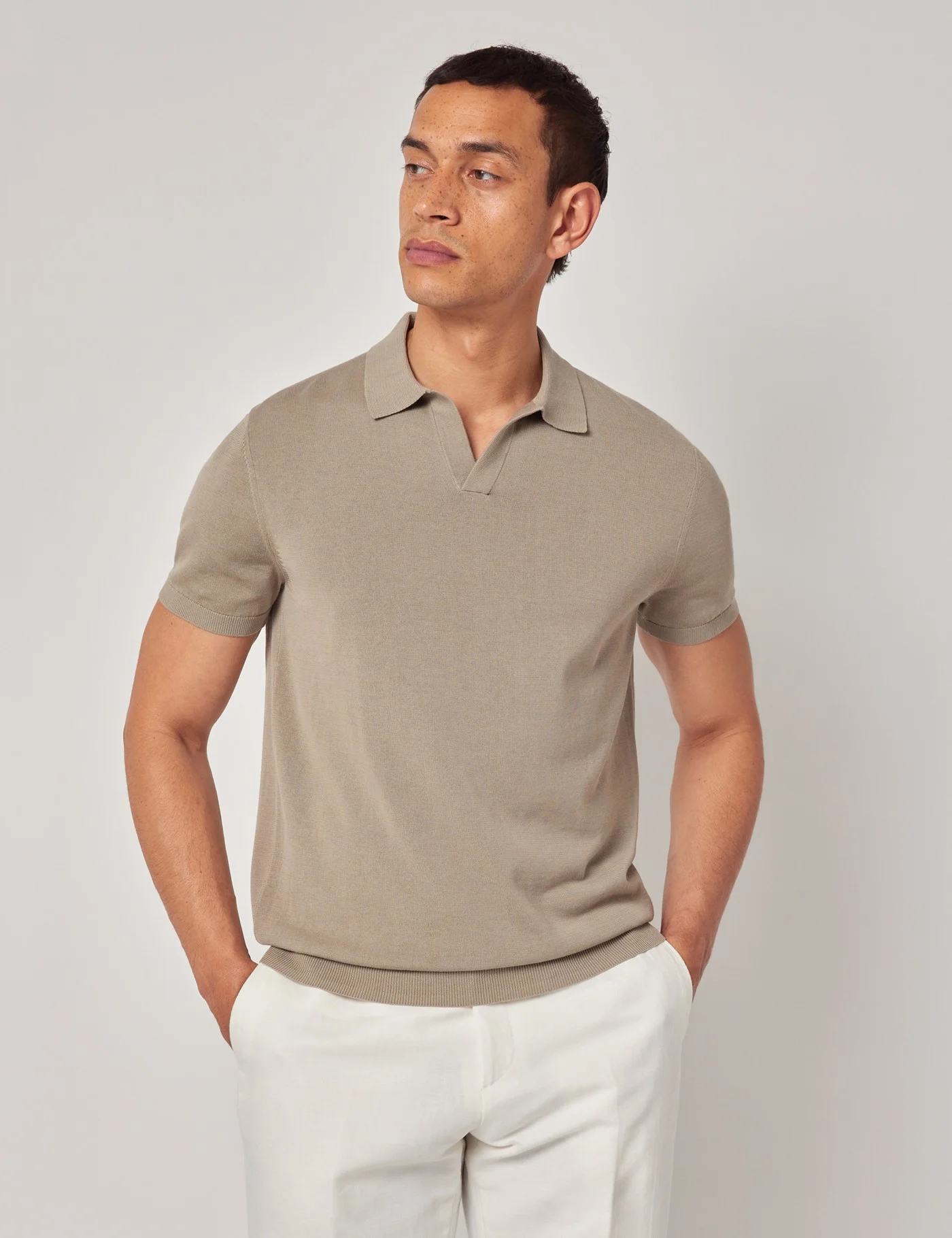 Hawes & Curtis Taupe Open Collar Knitted Cotton Polo Shirt