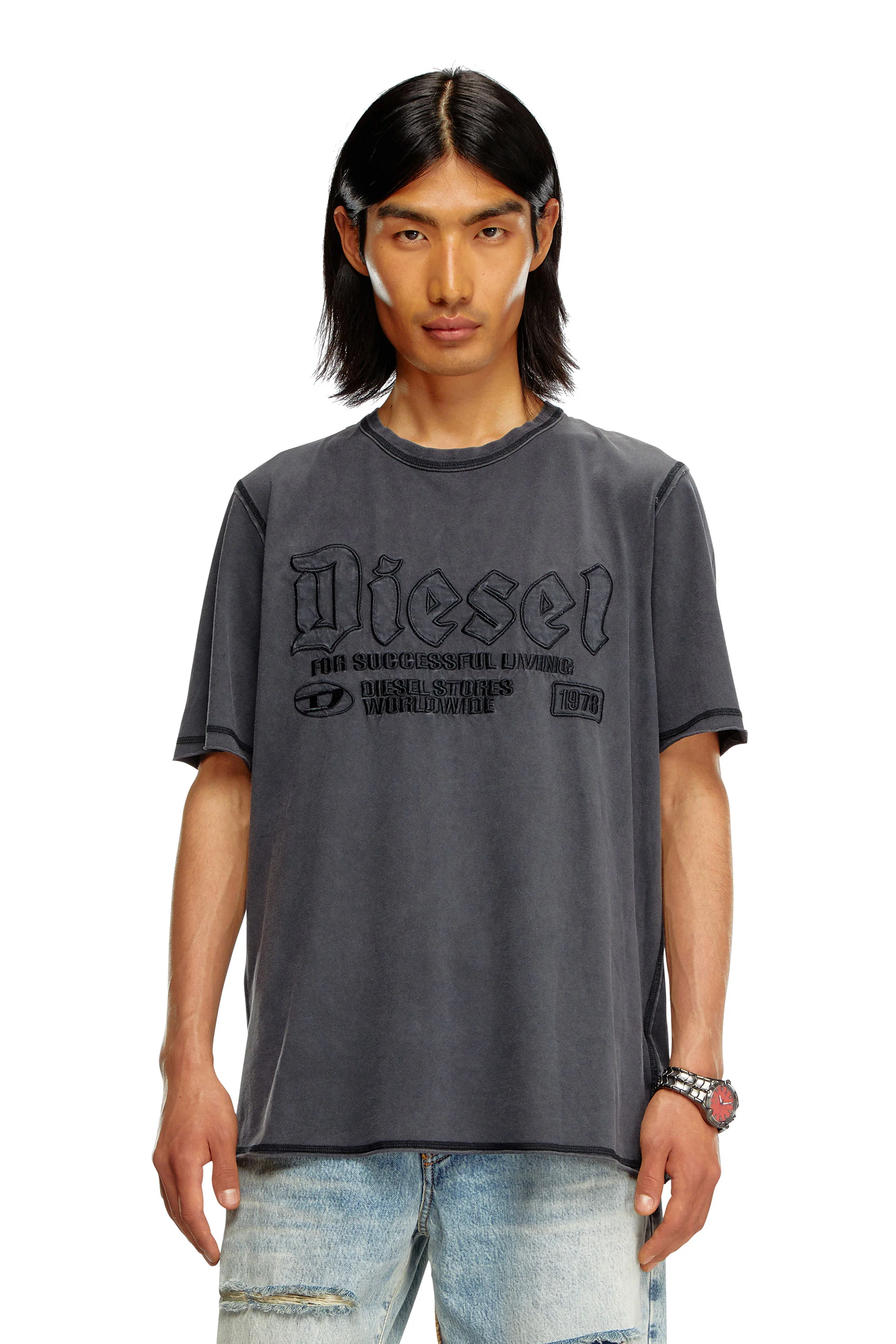 Diesel - Faded T-shirt with tonal embroidery - T-Shirts - Man - Black