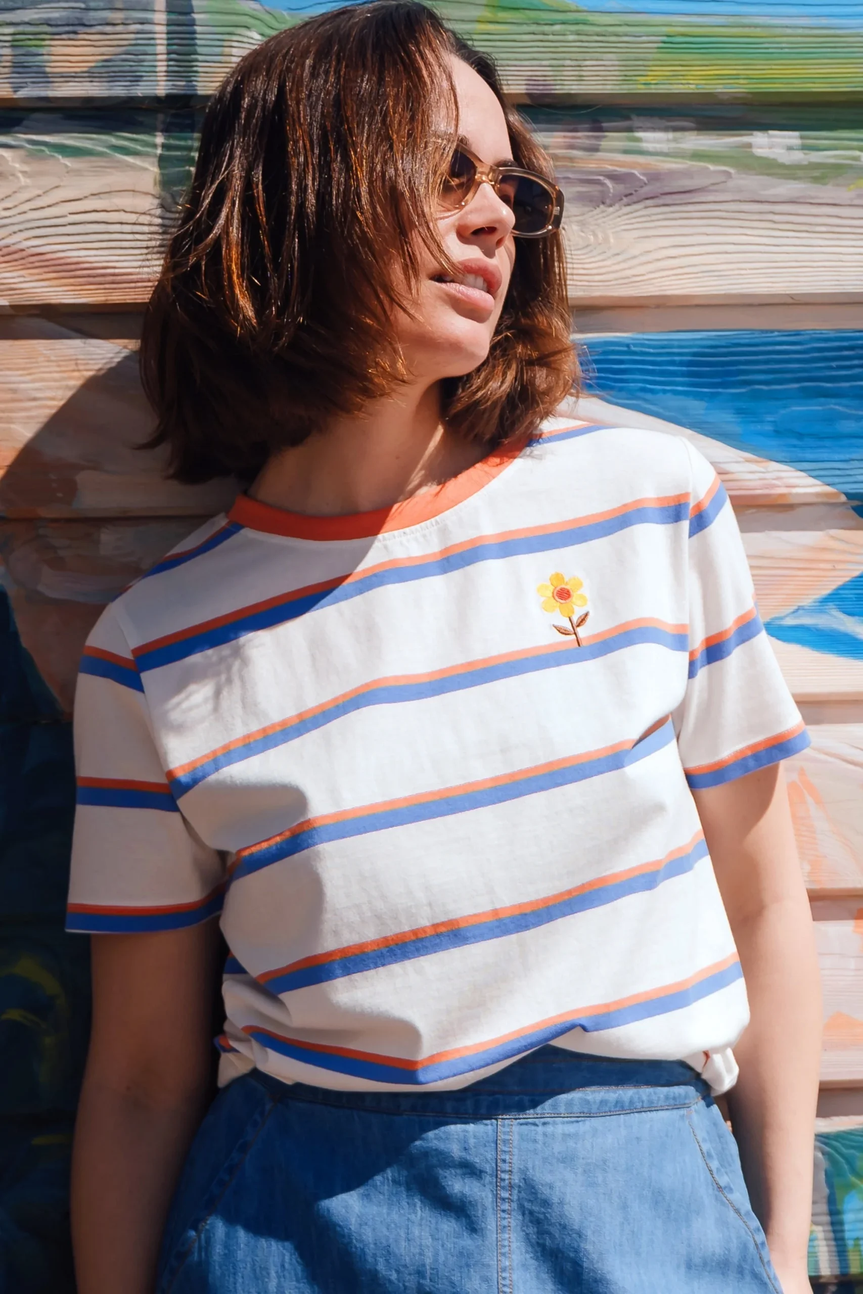 Maggie T-Shirt - Off White, Duo Vintage Stripe, Flower