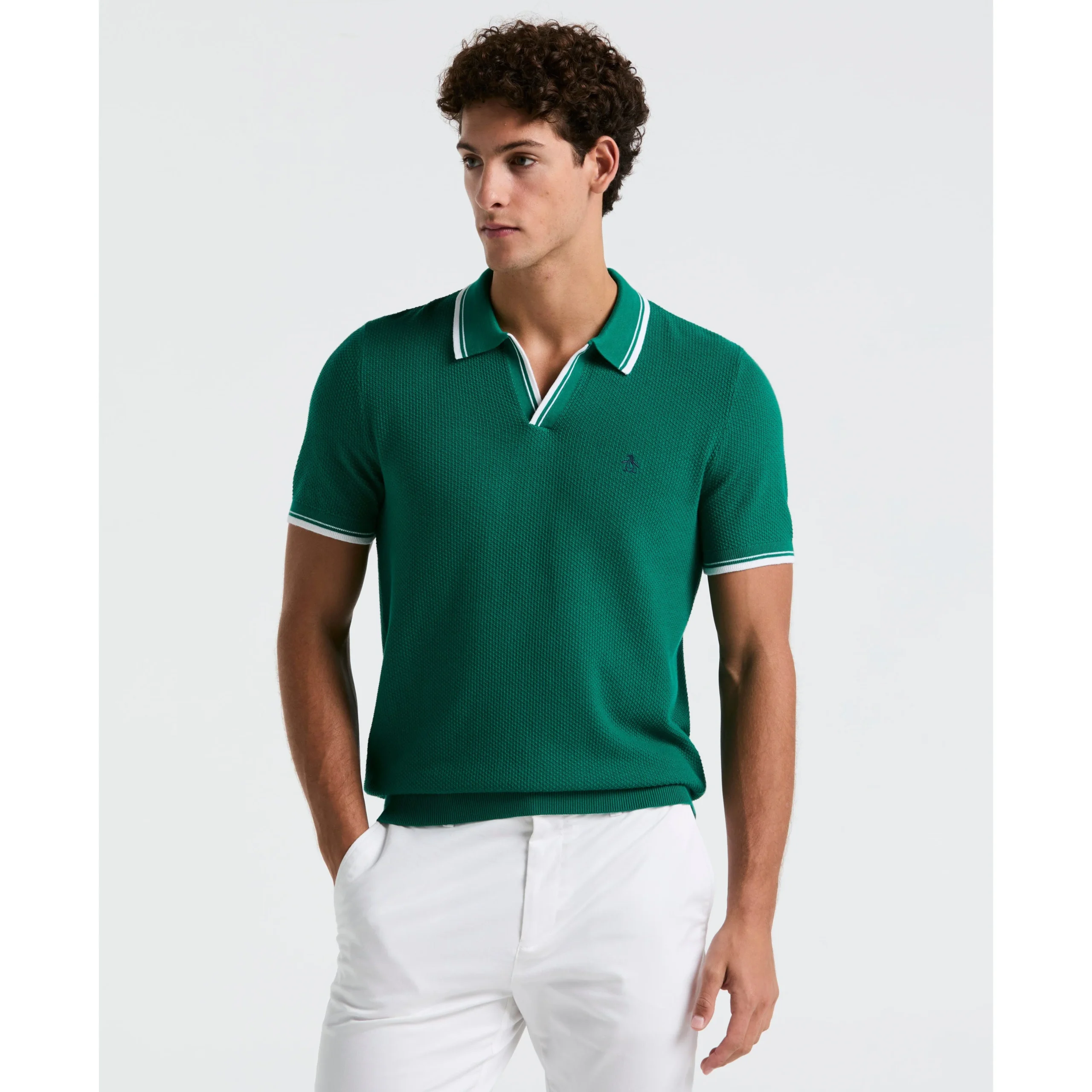 Textured Johnny Collar Sweater Polo