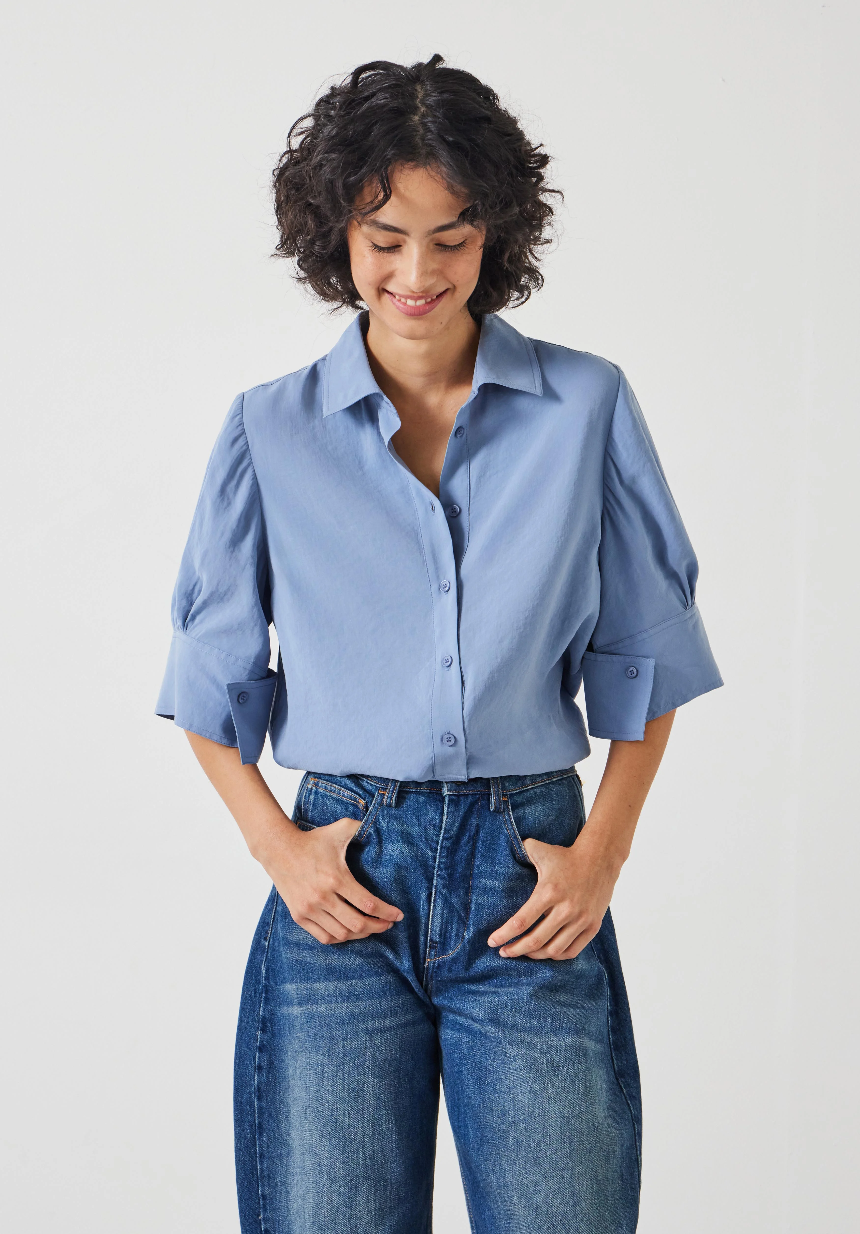 LE CIEL BLEU - sasaki★IRENE★Georgette Shirt Effortless Laurette Blue Cotton Shirt | Soeur