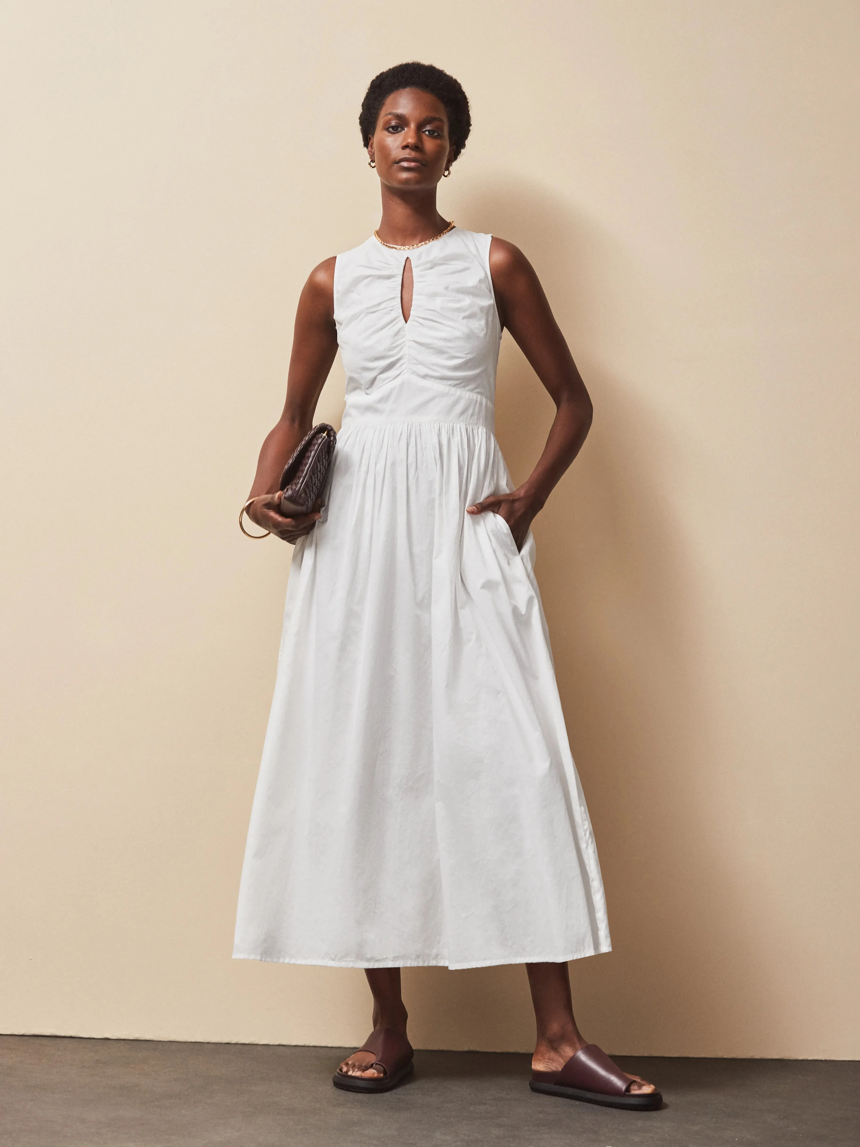 White Cotton Voile Keyhole Front Midi Dress
