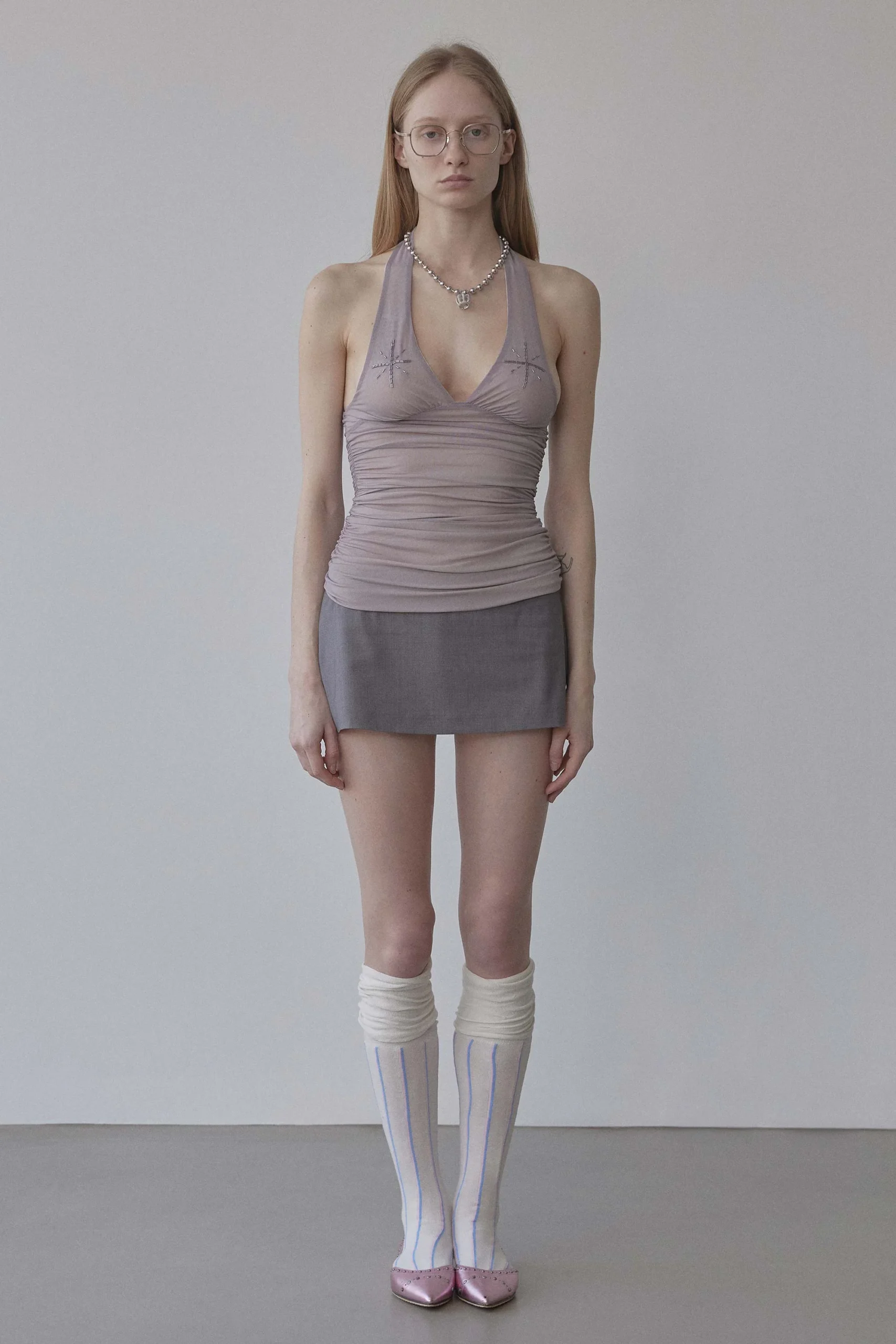 Tシャツ・カットソー [SCULPTOR] Beaded Mesh Halter Top Pale Purple SC24A214PU Beaded Mesh Halter Top Pale Purple - Borderfree