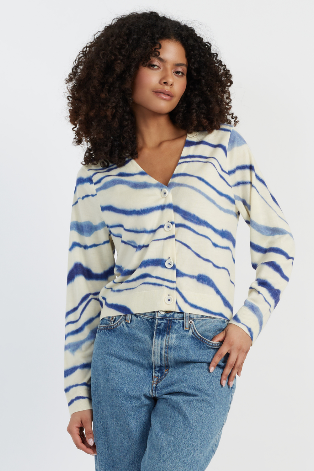 Blue Wool-Cashmere Deborah Brett Stripe Cardigan