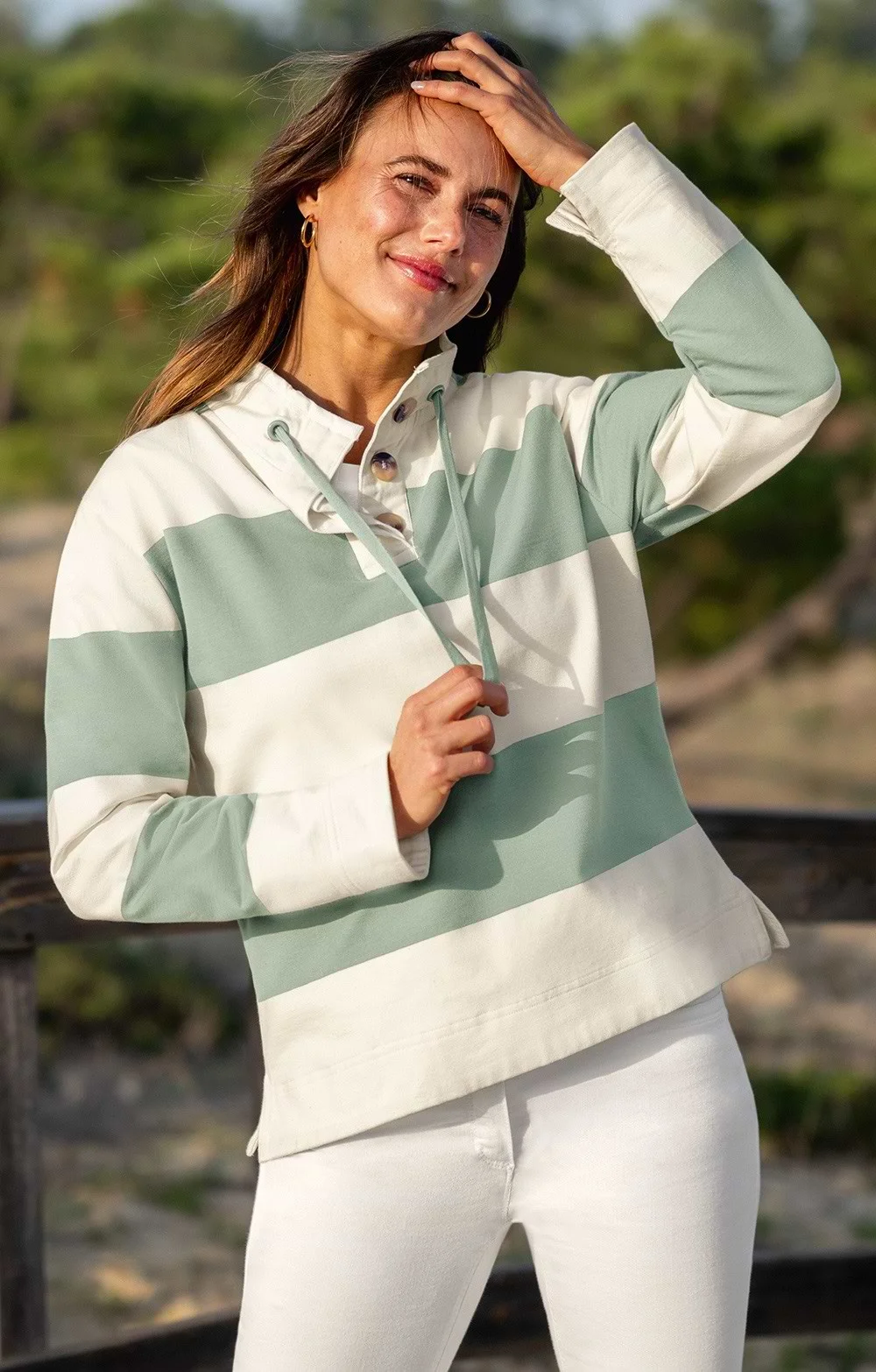 House of Bruar Ladies Stretch Cotton Button Neck Stripe Sweatshirt