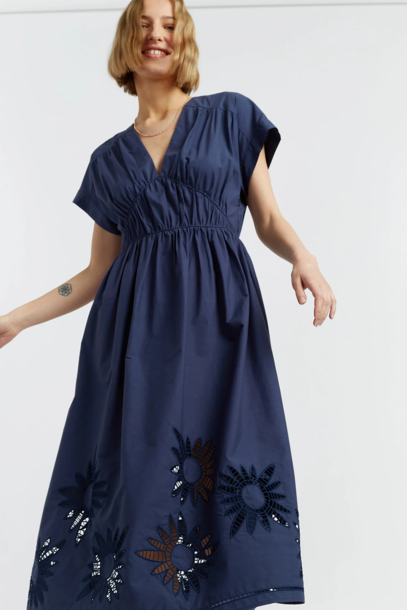 Navy Cotton-Lyocell Broderie Dress