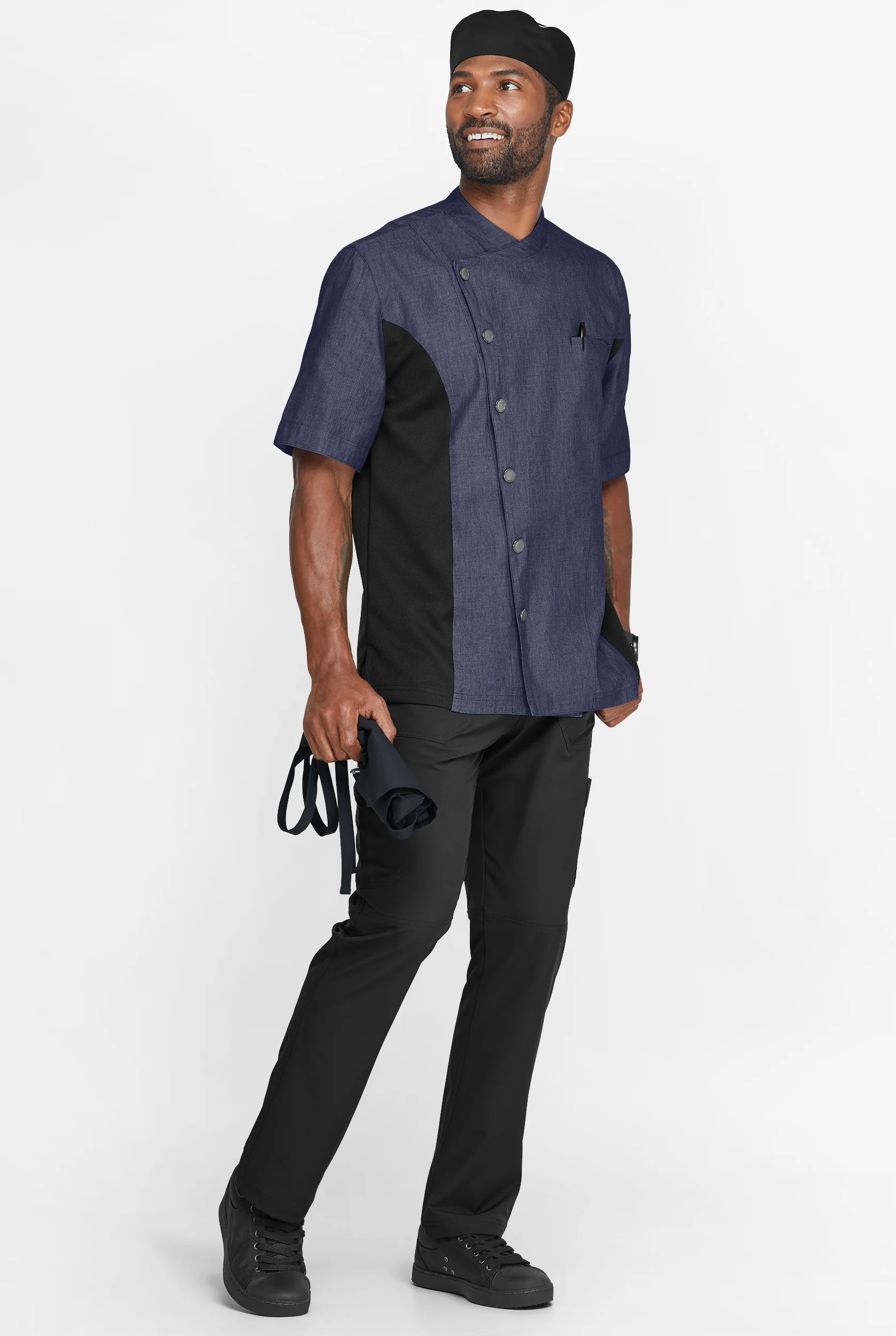 Chef Uniforms Industry Line Men's 2-Pocket Short Sleeve Chambray w/Tech Mesh Side Panels Executive Chef Coat in Blue/Black | Size Large | Cotton/Rayon