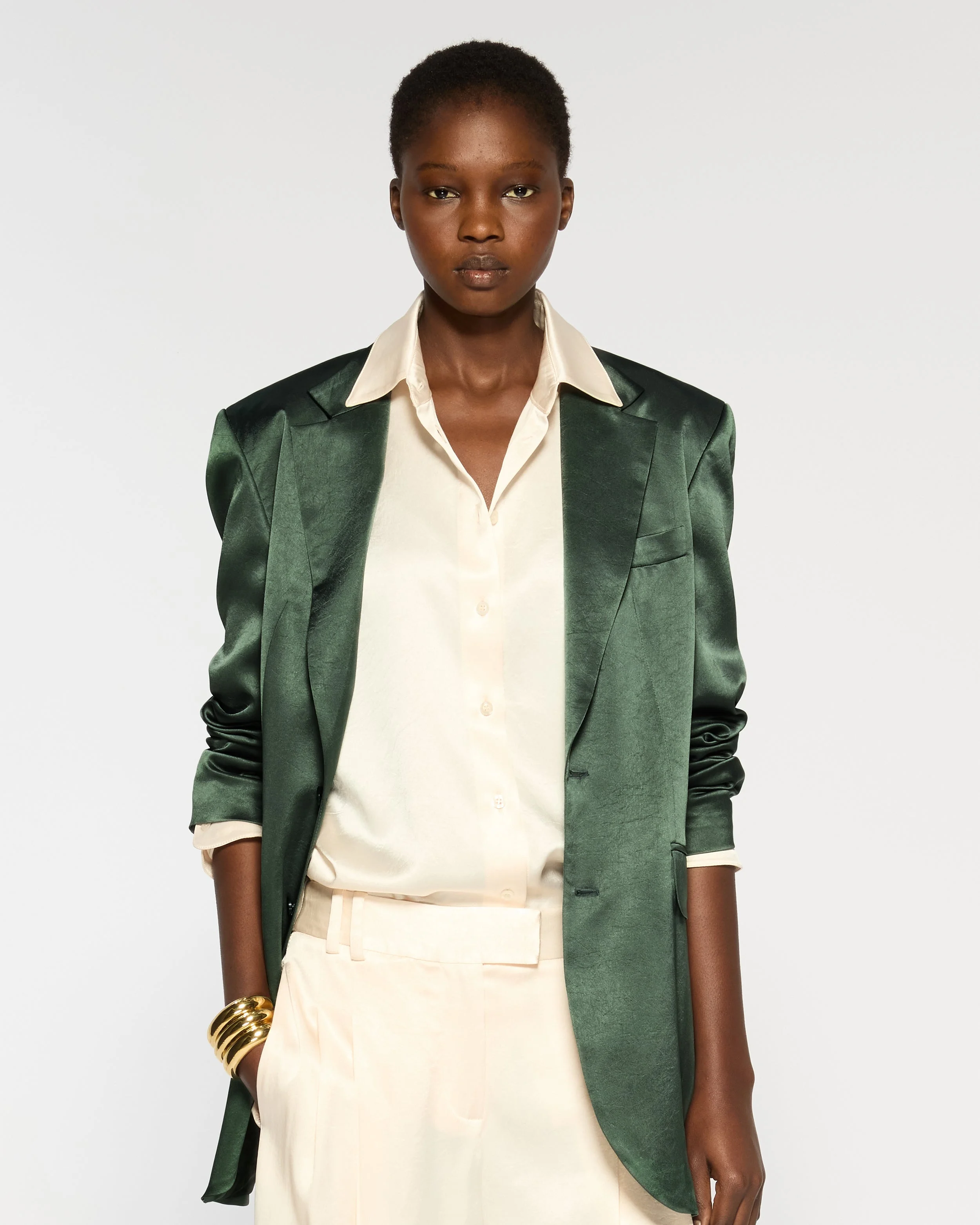 Satin Boyfriend Blazer - Dark Green | Serena Bute - Borderfree