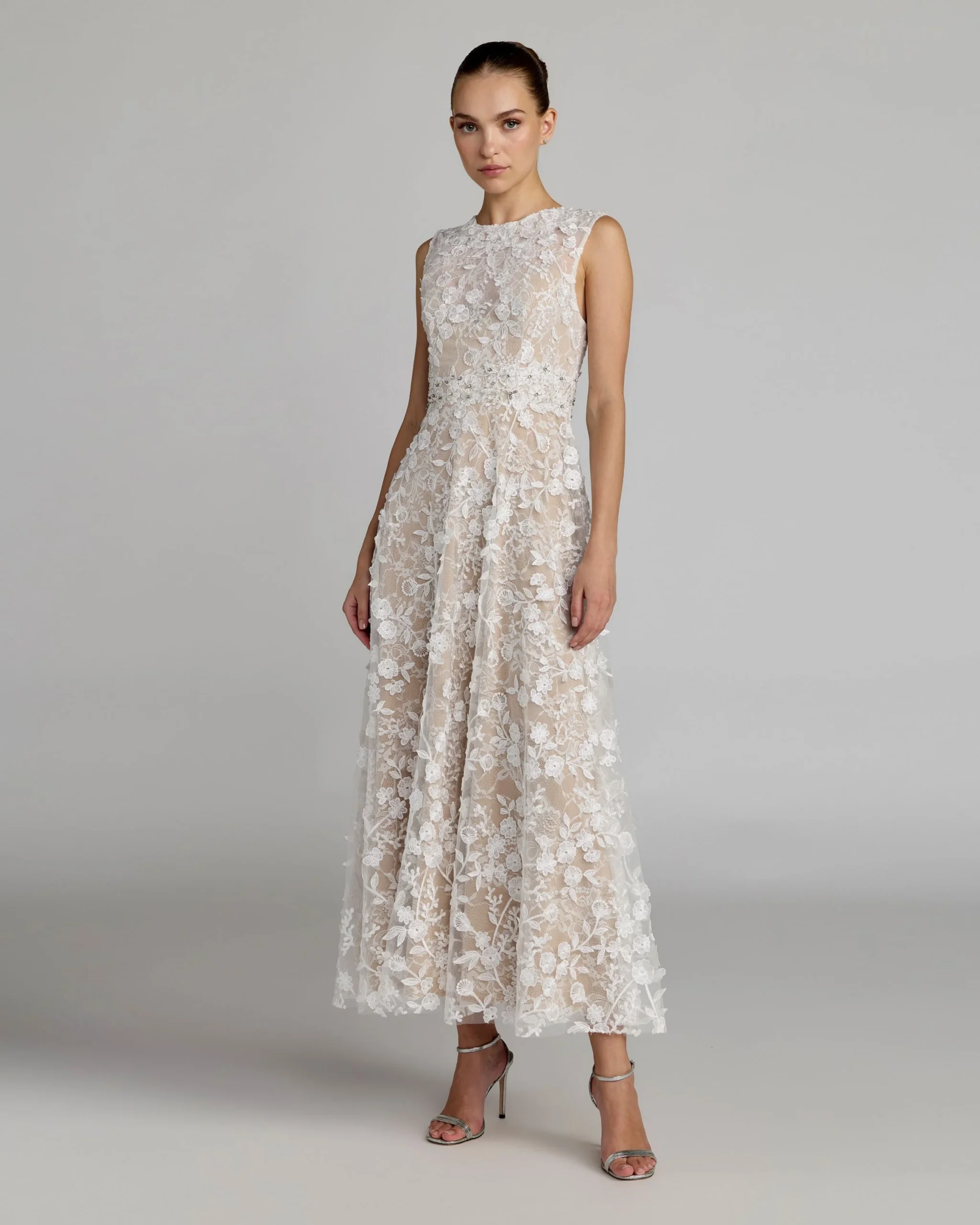 Ivory Floral Embroidered High Neck Midi Dress | Mac Duggal - Borderfree