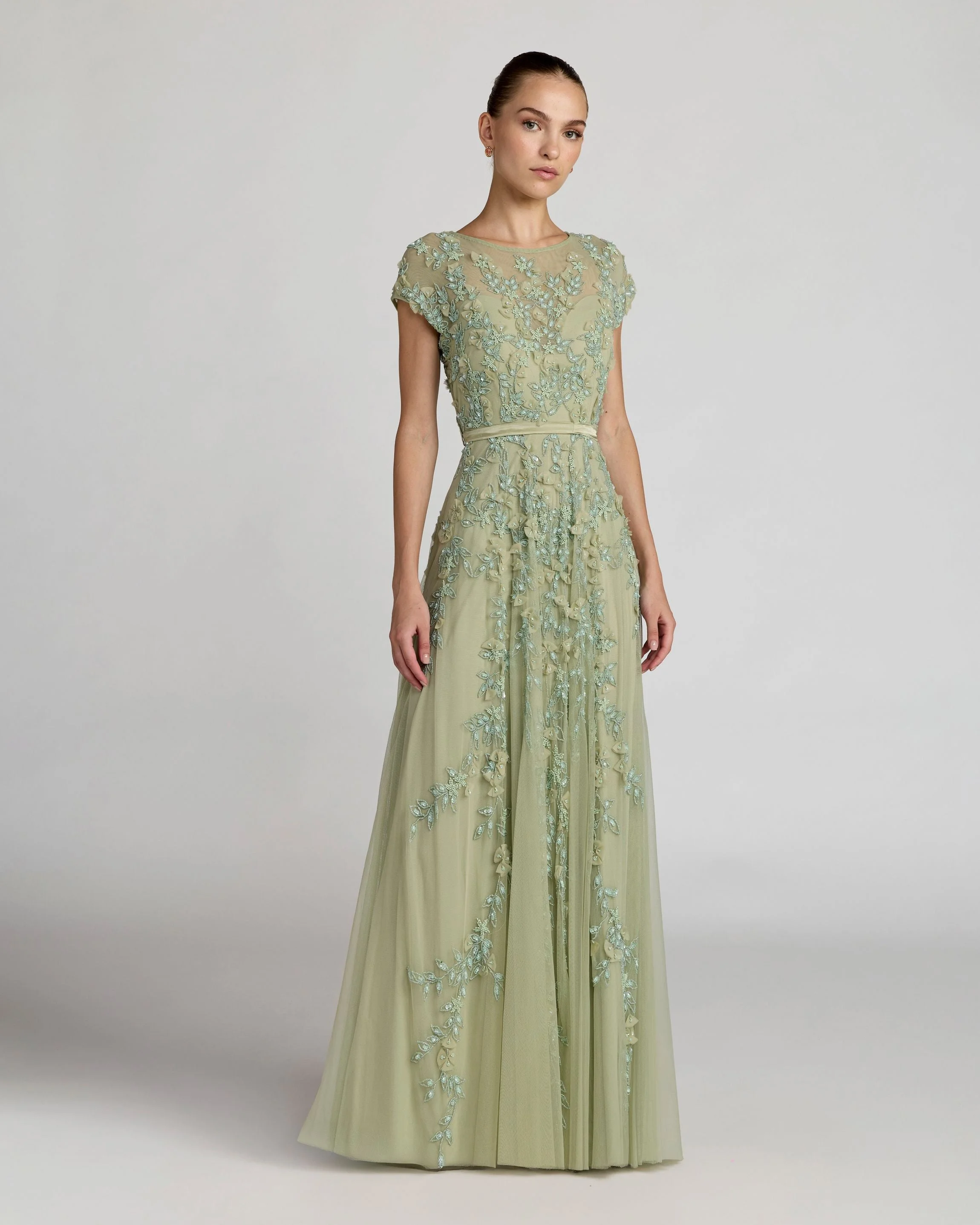 Green Floral Embellished Cap Sleeve Gown