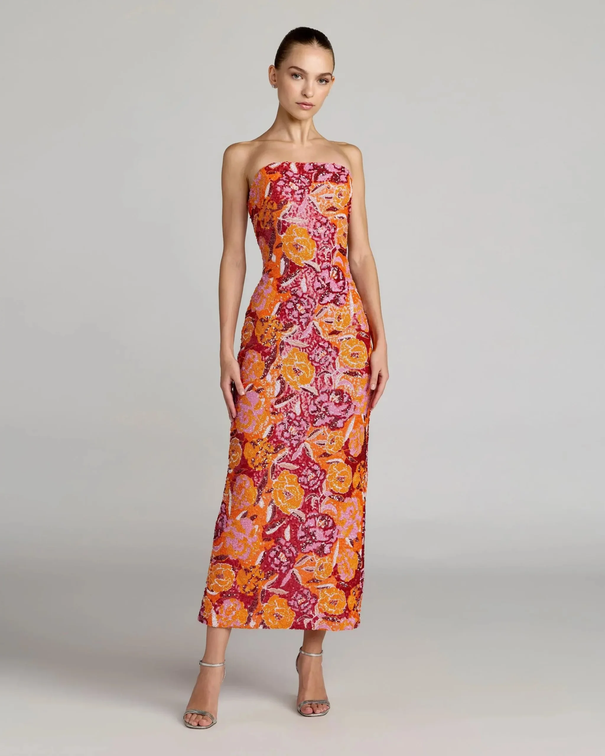 Pink and Orange Strapless Floral Sequin Midi Dress | Mac Duggal - Borderfree