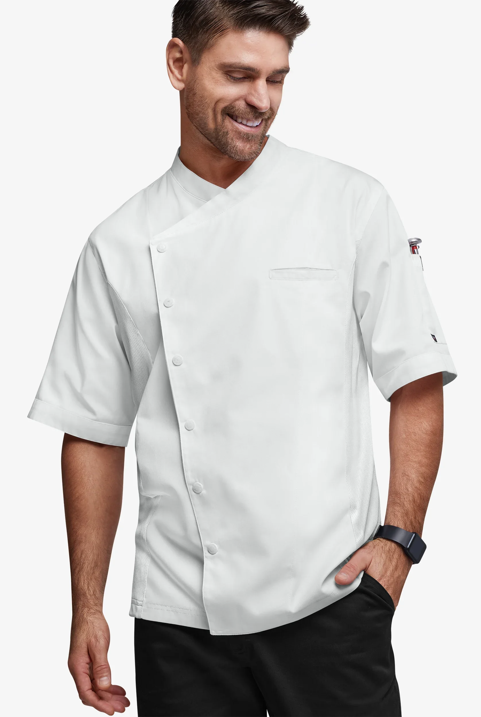 Chef Uniforms Men's 2-Pocket Short Sleeve Snap Front Closure w/ Mesh Side Panels Executive Chef Coat in White | Size XL | Polyester/Cotton