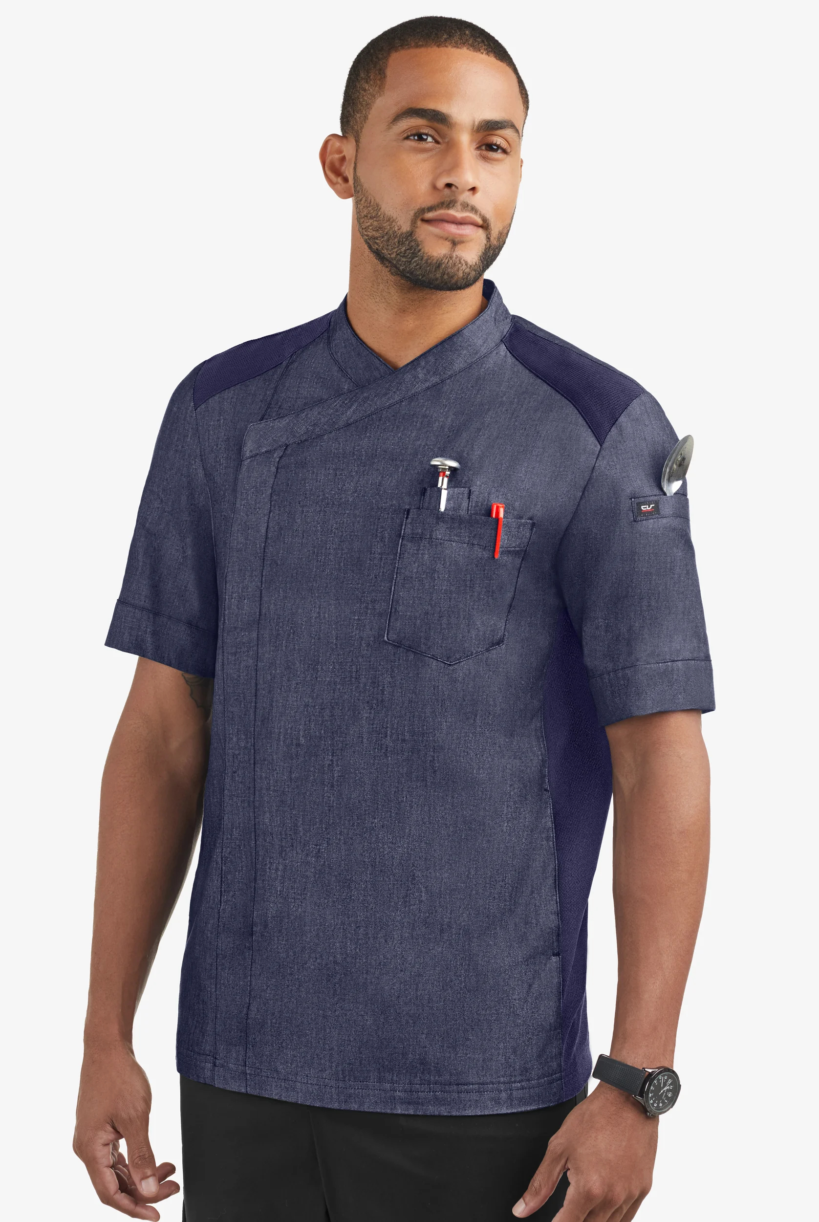 Chef Uniforms Industry Line Men's 5-Pocket Short Sleeve w/Tech Mesh Panels Chambray Executive Chef Coat in Blue Chambray/Navy | Size XL | Cotton/Rayon