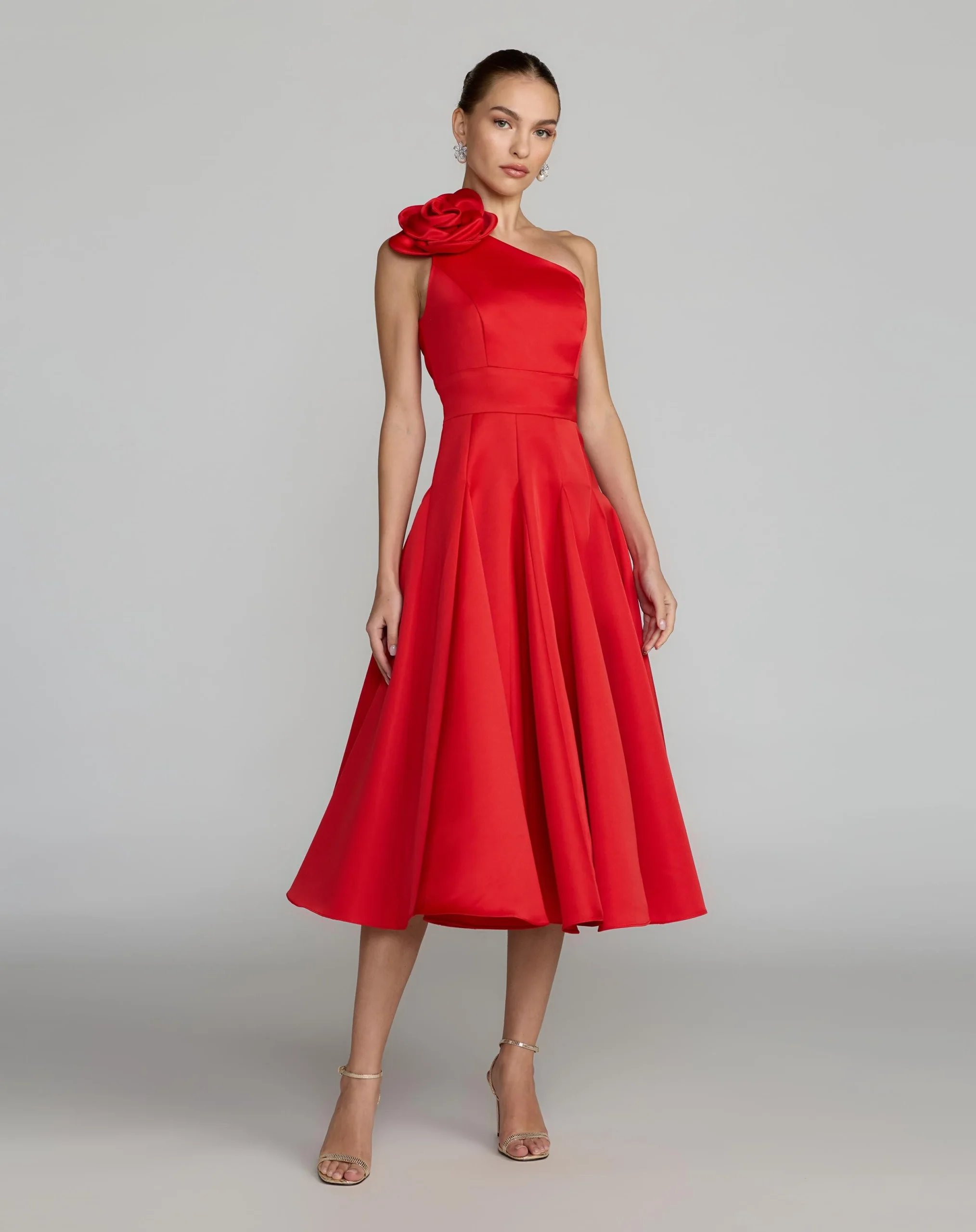 dewdrop floral red one shoulder midi dress Red One Shoulder Satin Midi Dress With 3D Flower | Mac Duggal