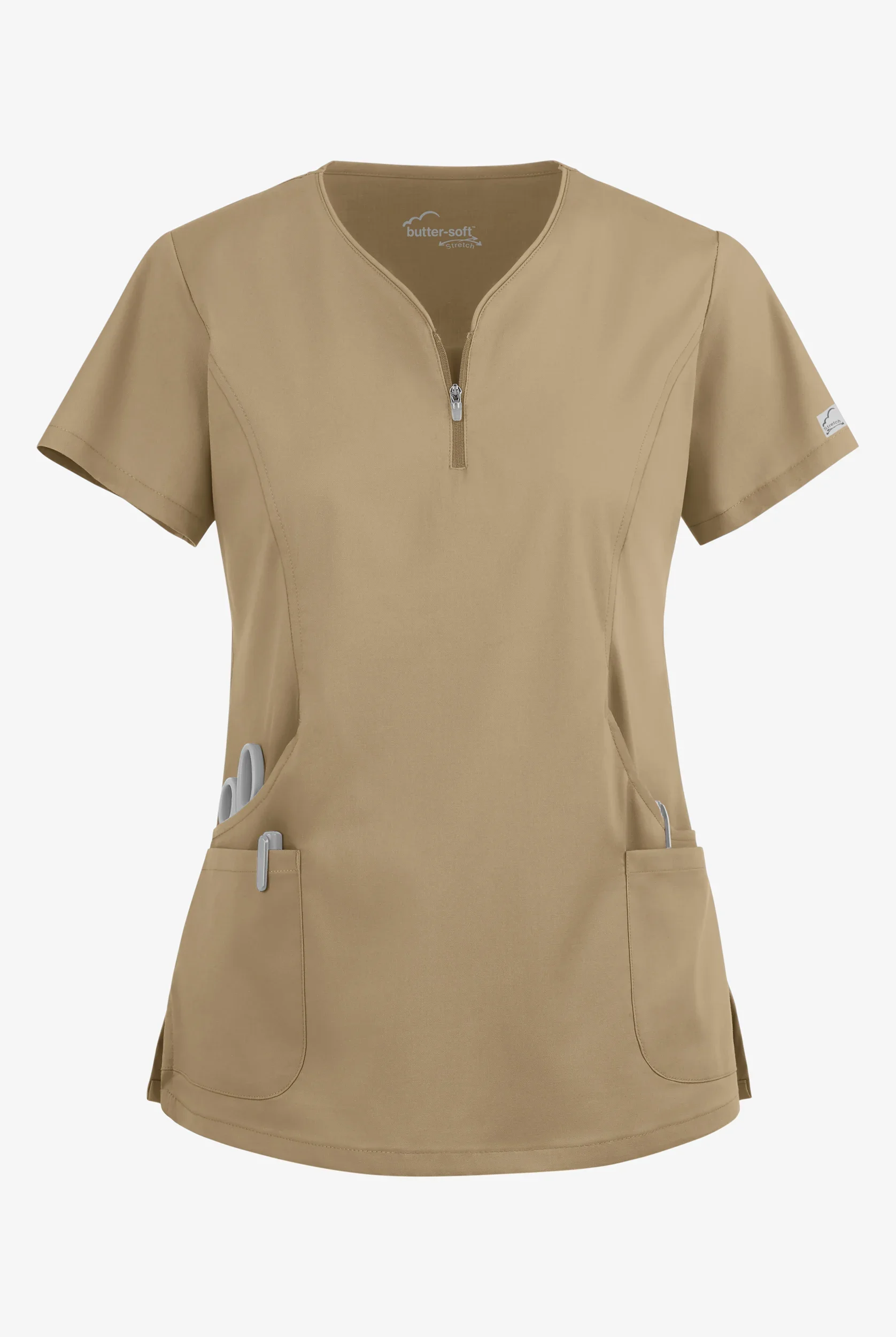 UA Butter-Soft STRETCH Women's 4-Pocket Curved Neck Zipper Scrub Top - Size S - Golden Sand