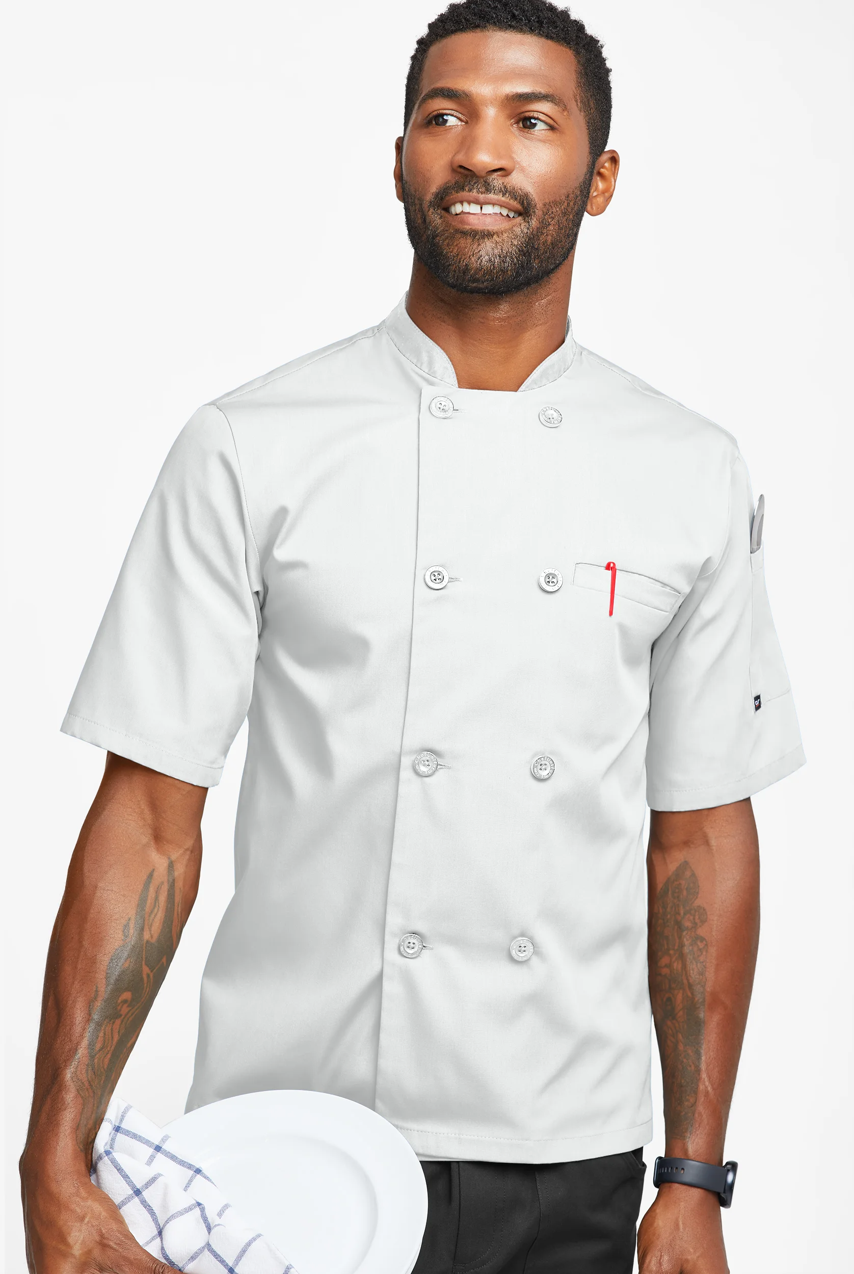 Chef Uniforms LIGHTWEIGHT Men's Double Breasted w/ Plastic Buttons Chef Coat in White | Size Medium | Polyester/Cotton
