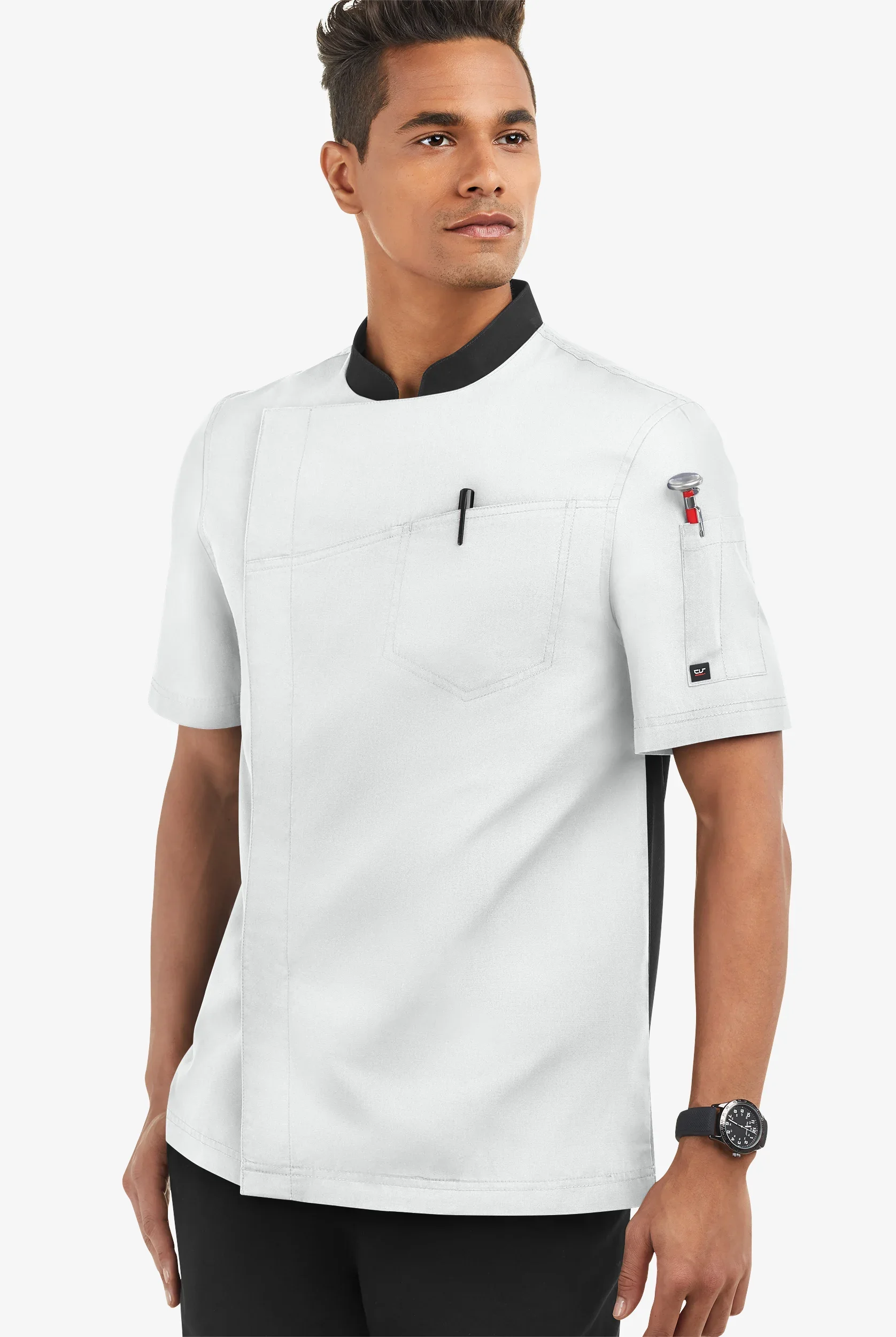 Chef Uniforms Men's Short Sleeve Double Breasted Coat with Mesh Panels in White/Black | Size Large | Polyester/Cotton
