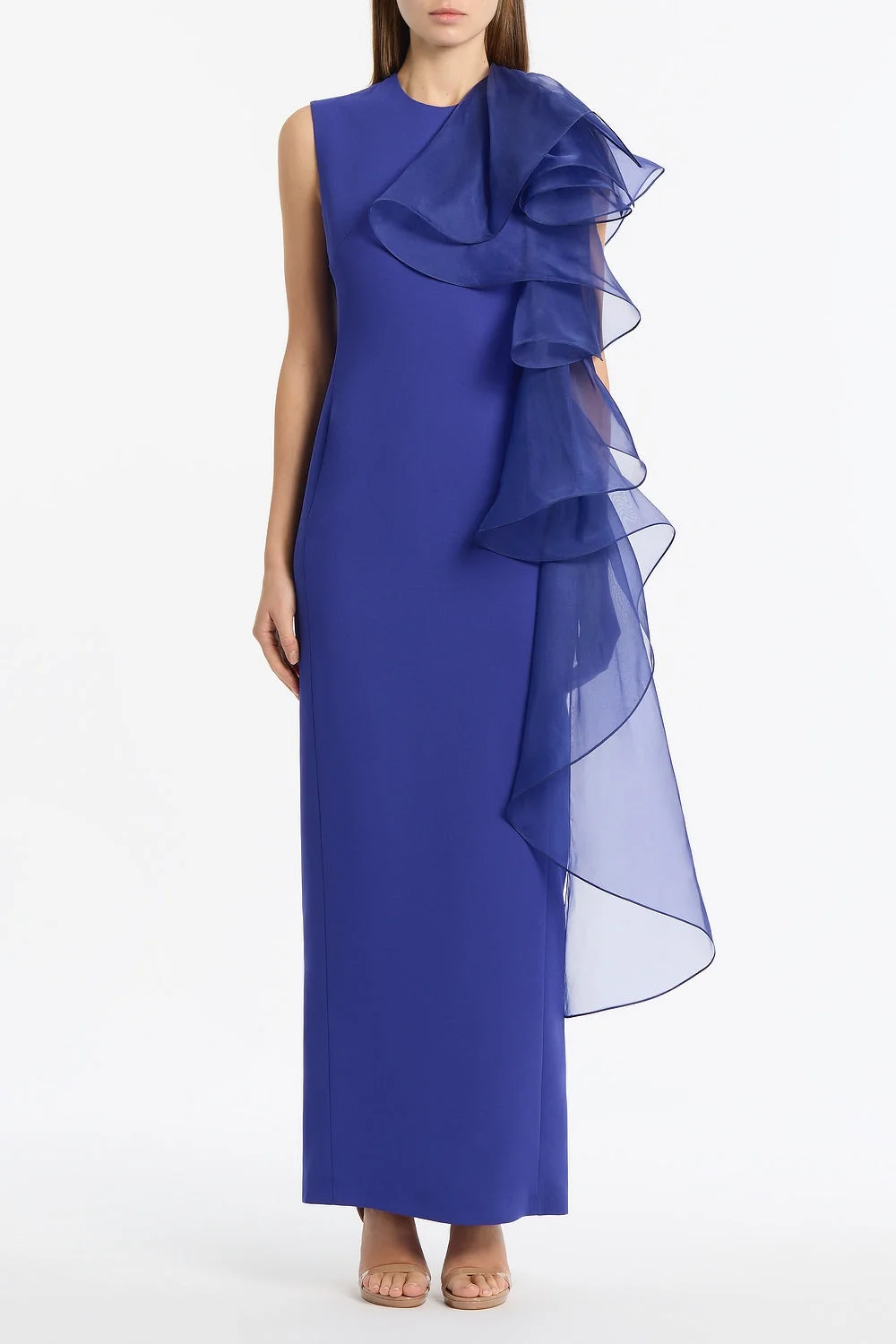 VIOLET CREPE RUFFLE SHOULDER GOWN by Carla Zampatti