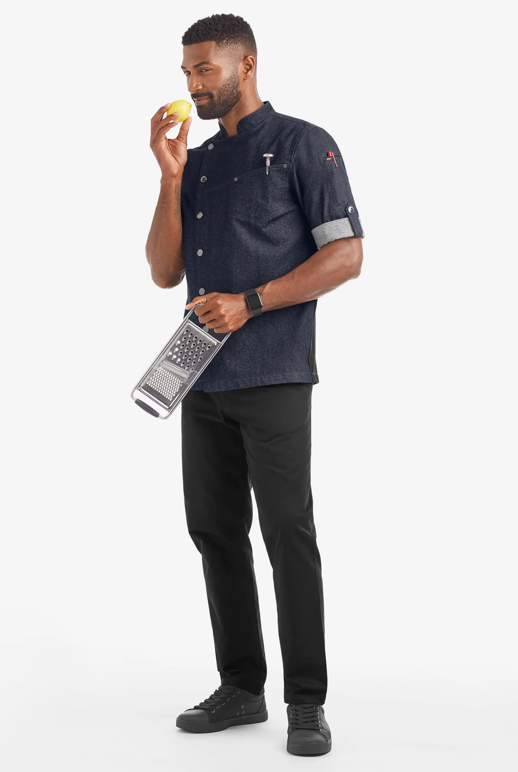 Chef Uniforms Industry Line Men's 2-Pocket Asymmetrical w/Tech Mesh Panels Roll Sleeves Denim Executive Chef Coat in Blue Denim/Black | Size Large |