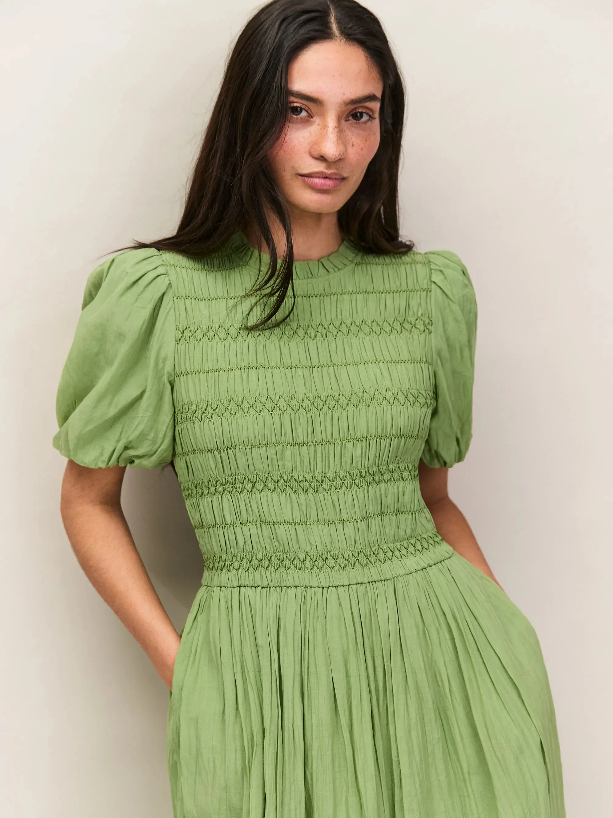 Petite Green Cotton Shirred Bodice Dress