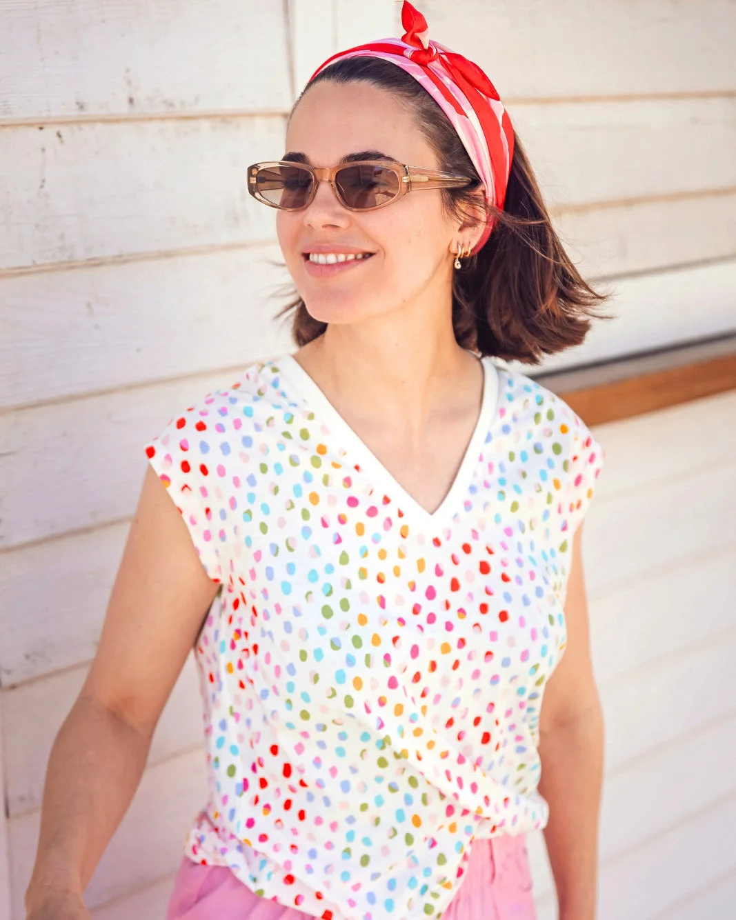Ariana V-Neck Tank T-Shirt - White, Rainbow Pebbles by Sugarhill Brighton