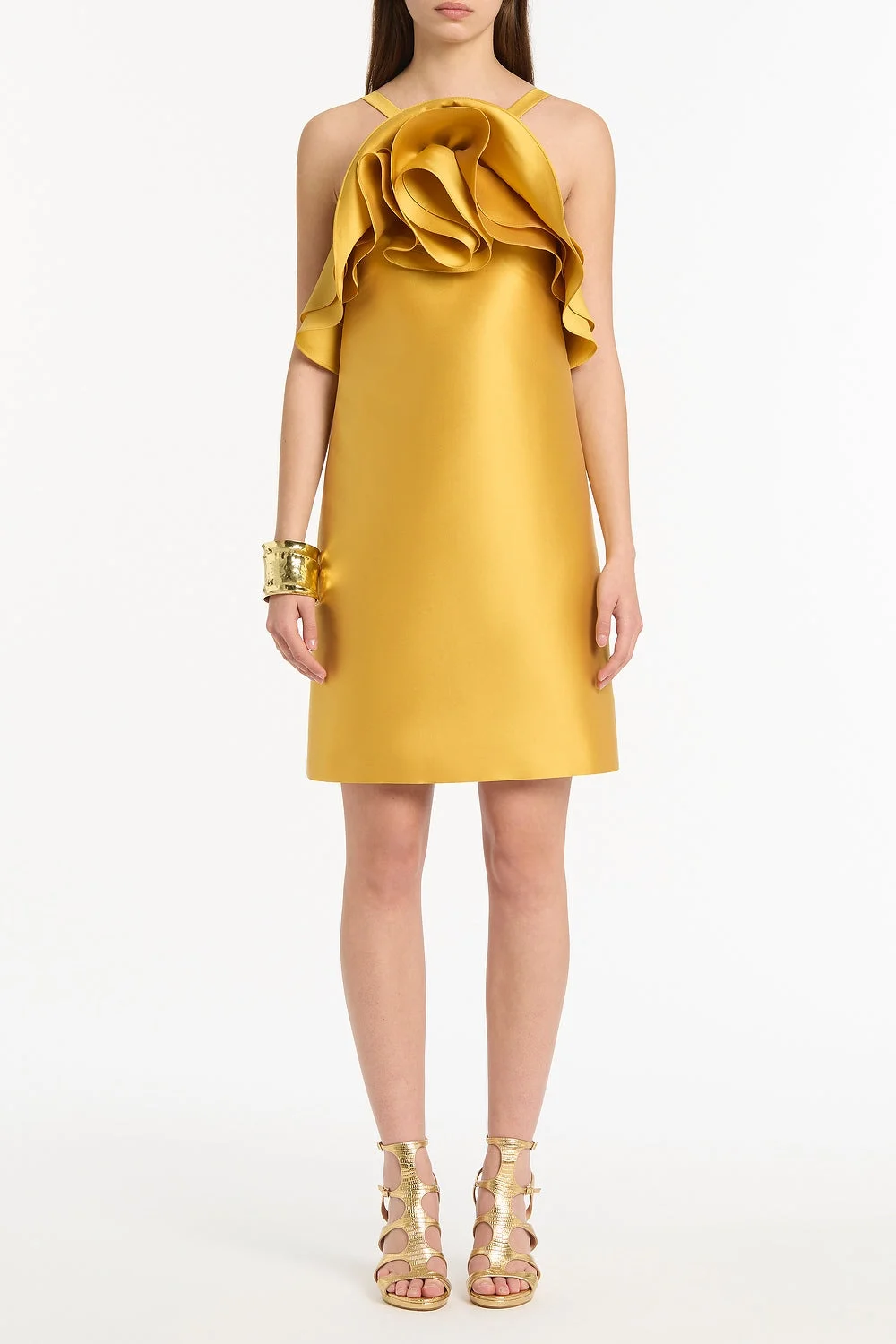 GOLDEN MATTE SATEEN SCULPTURAL FLOWER MINI DRESS by Carla Zampatti