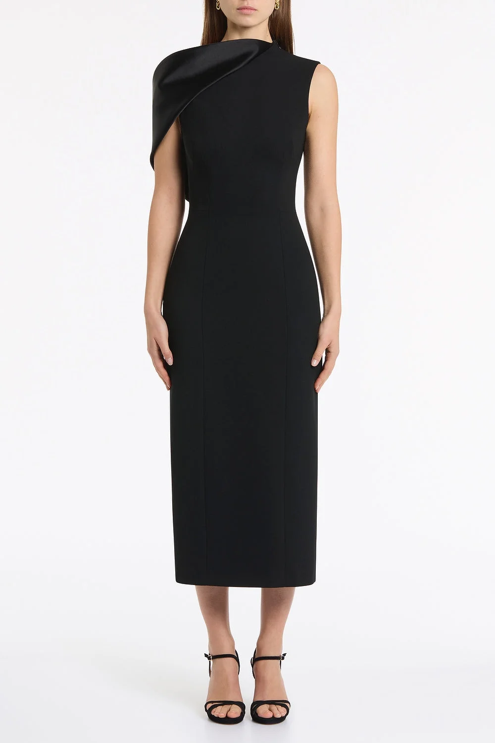 BLACK CREPE SCULPTED ONE SHOULDER MIDI DRESS | Carla Zampatti