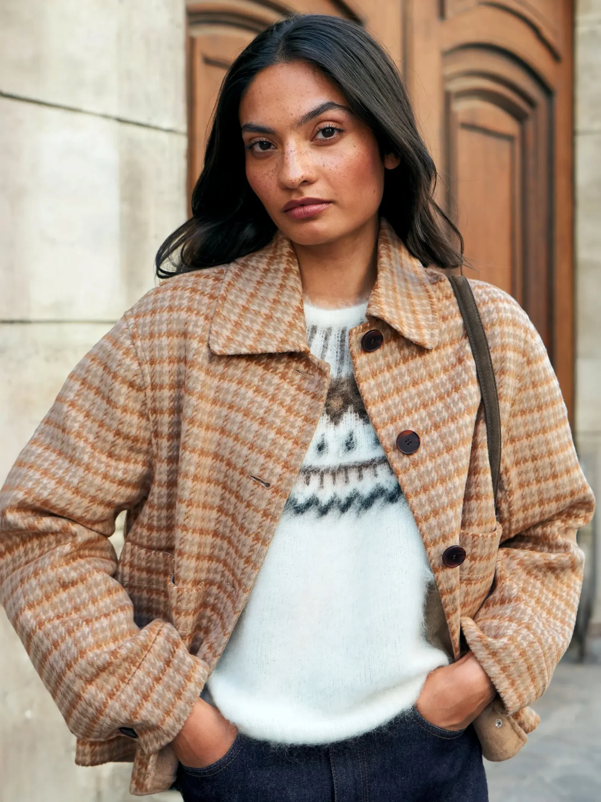 Camel Check Double-Faced Jacket With Wool | Ro&Zo - Borderfree