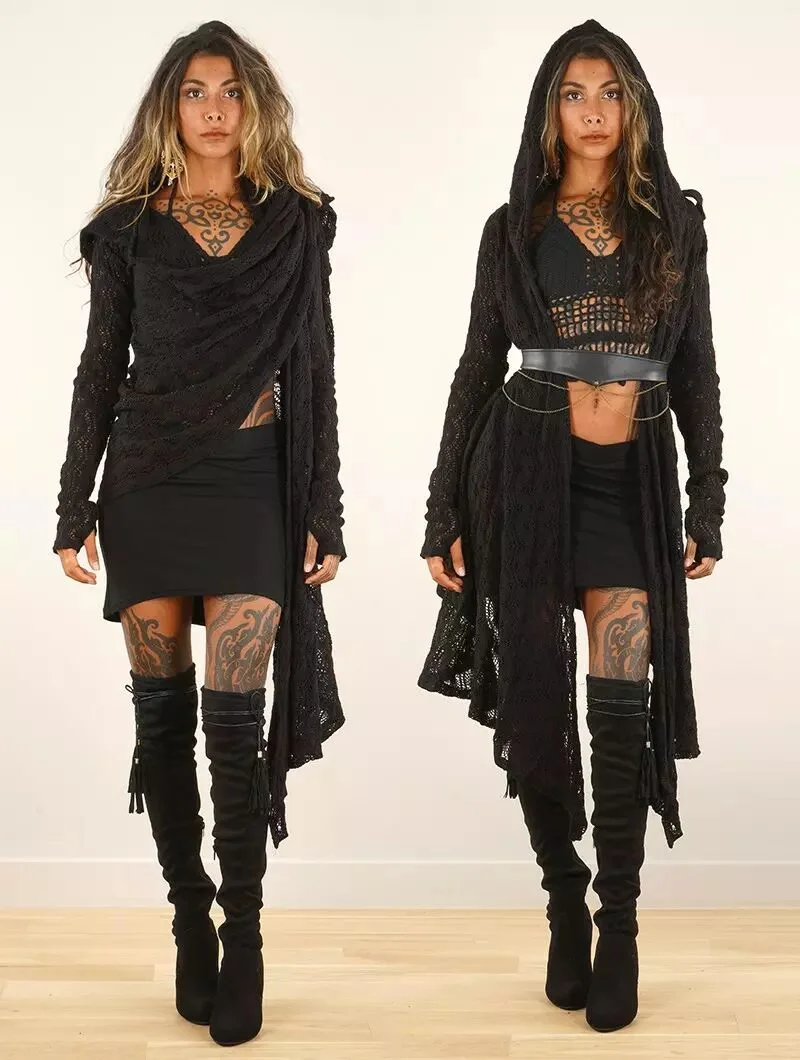 "Danaeriz" long sleeve hooded crochet shawl cardigan, Black Size XS by Toonzshop